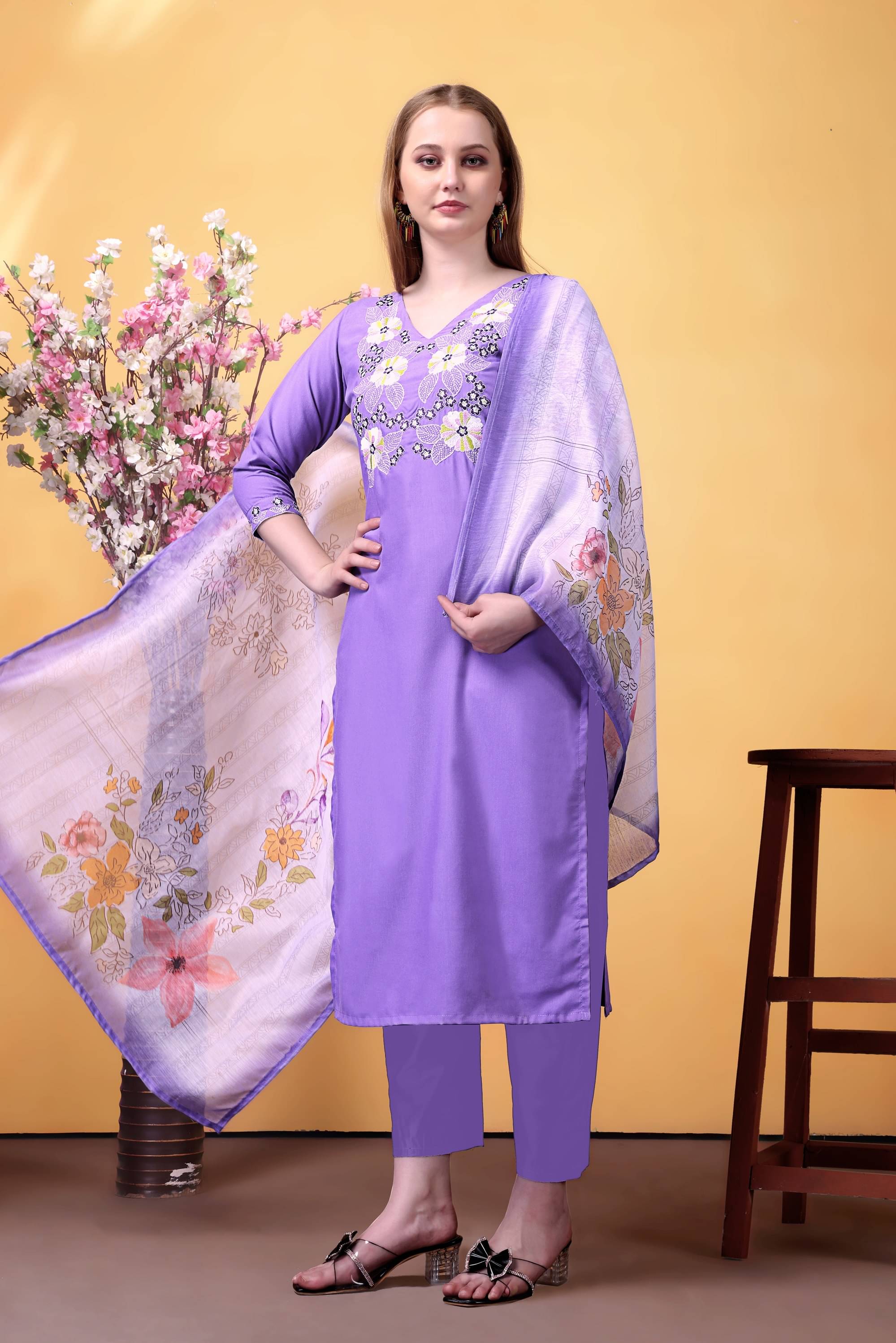     			SAREEKART FAB Women Rayon Embroidered A-line Kurti With Pants ( Purple )