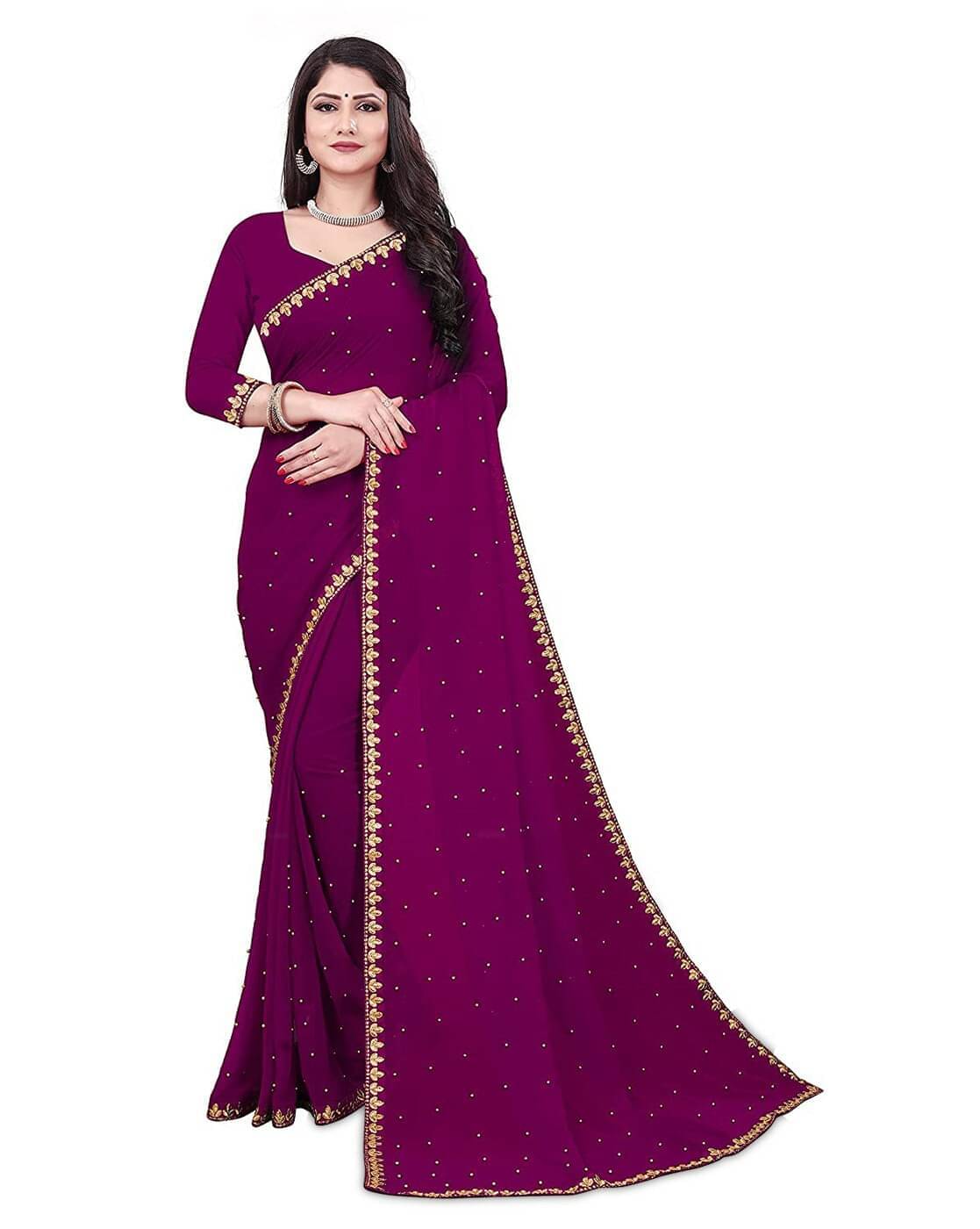    			Samai Lycra Solid Regular Saree With Unstitched Blouse Piece ( Purple )