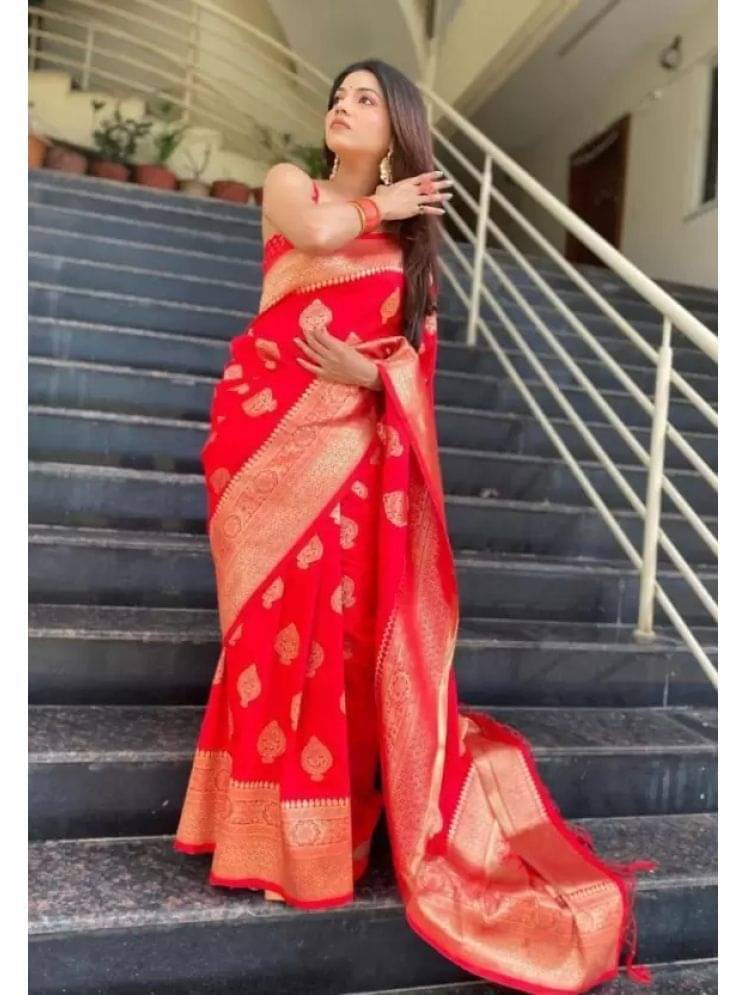 Suali Art Silk Embellished Regular Saree With Unstitched Blouse Piece ( Red ) Suali Art Silk Embellished Regular Saree With Unstitched Blouse Piece ( Red )