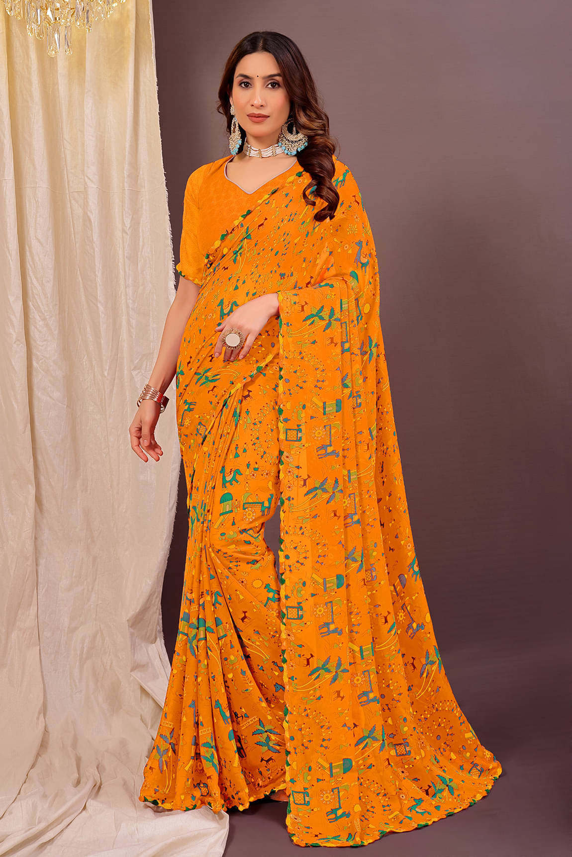     			Suntex Georgette Solid Regular Saree With Unstitched Blouse Piece ( Yellow )