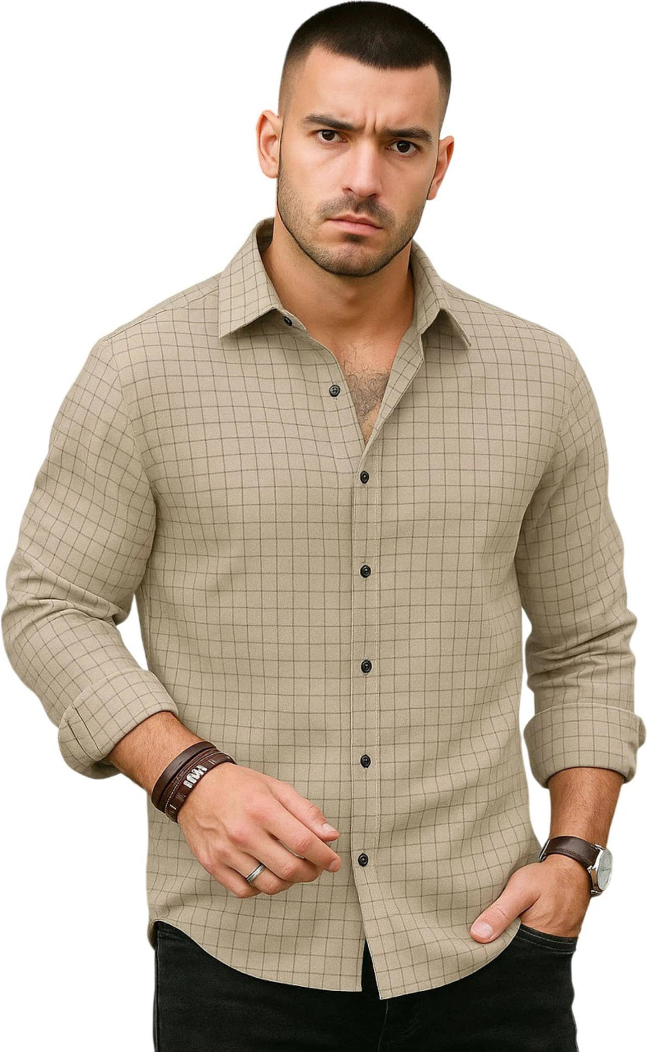     			UPQUEDS Cotton Blend Regular Fit Checks Full Sleeves Men's Casual Shirt - Beige ( Pack of 1 )