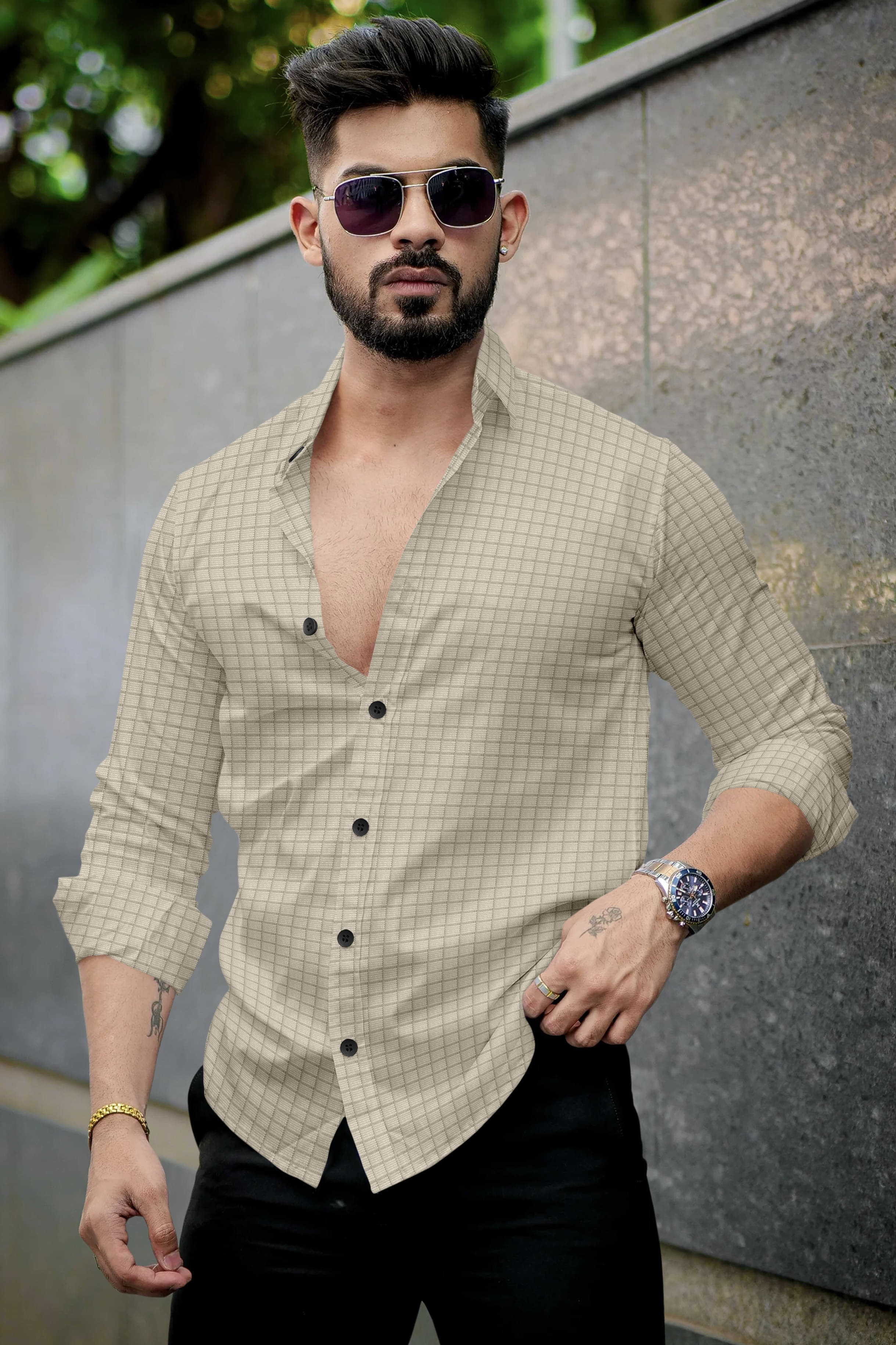     			UPQUEDS Poly Cotton Regular Fit Checks Full Sleeves Men's Casual Shirt - Beige ( Pack of 1 )