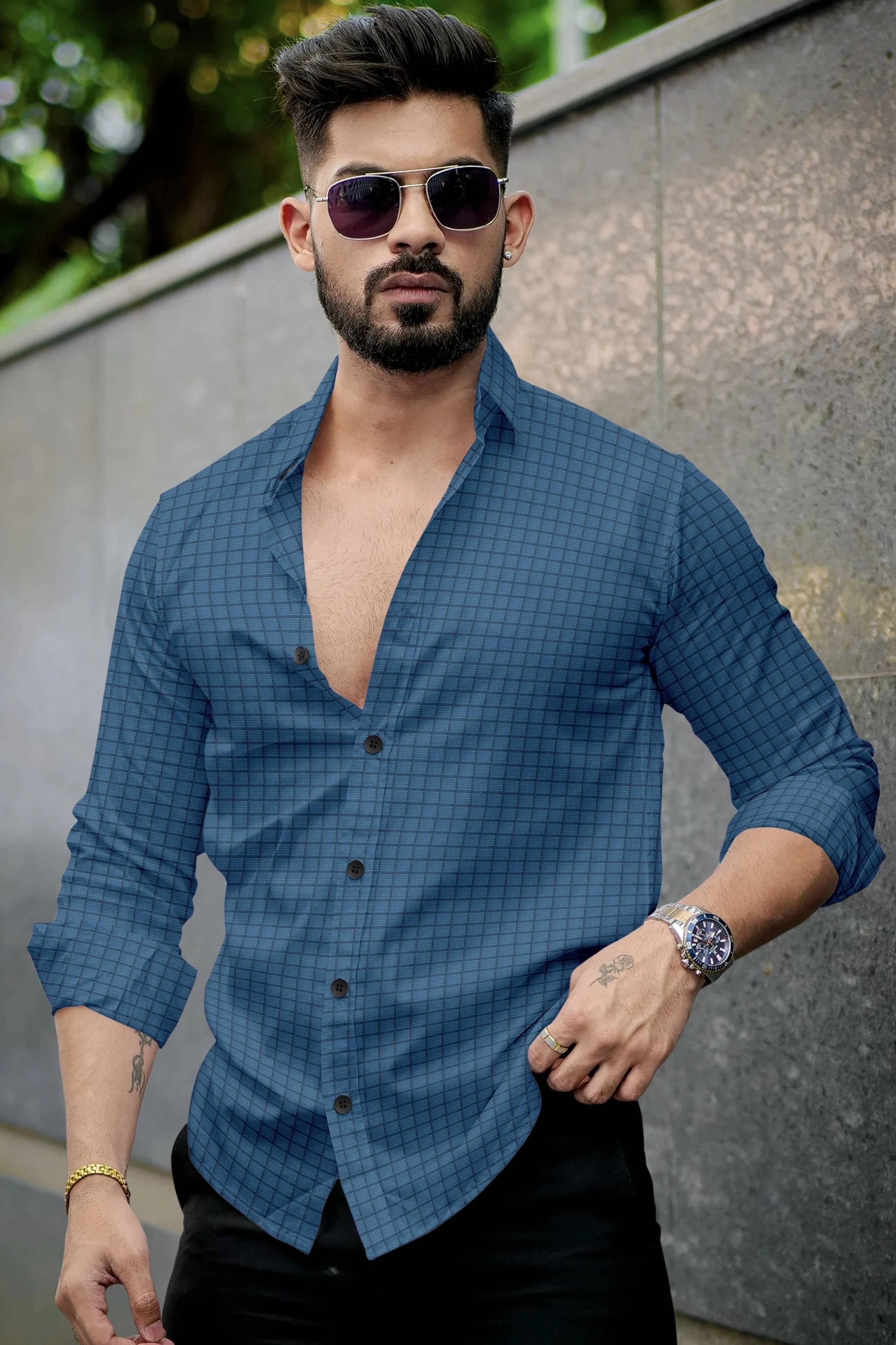     			UPQUEDS Poly Cotton Regular Fit Checks Full Sleeves Men's Casual Shirt - Blue ( Pack of 1 )