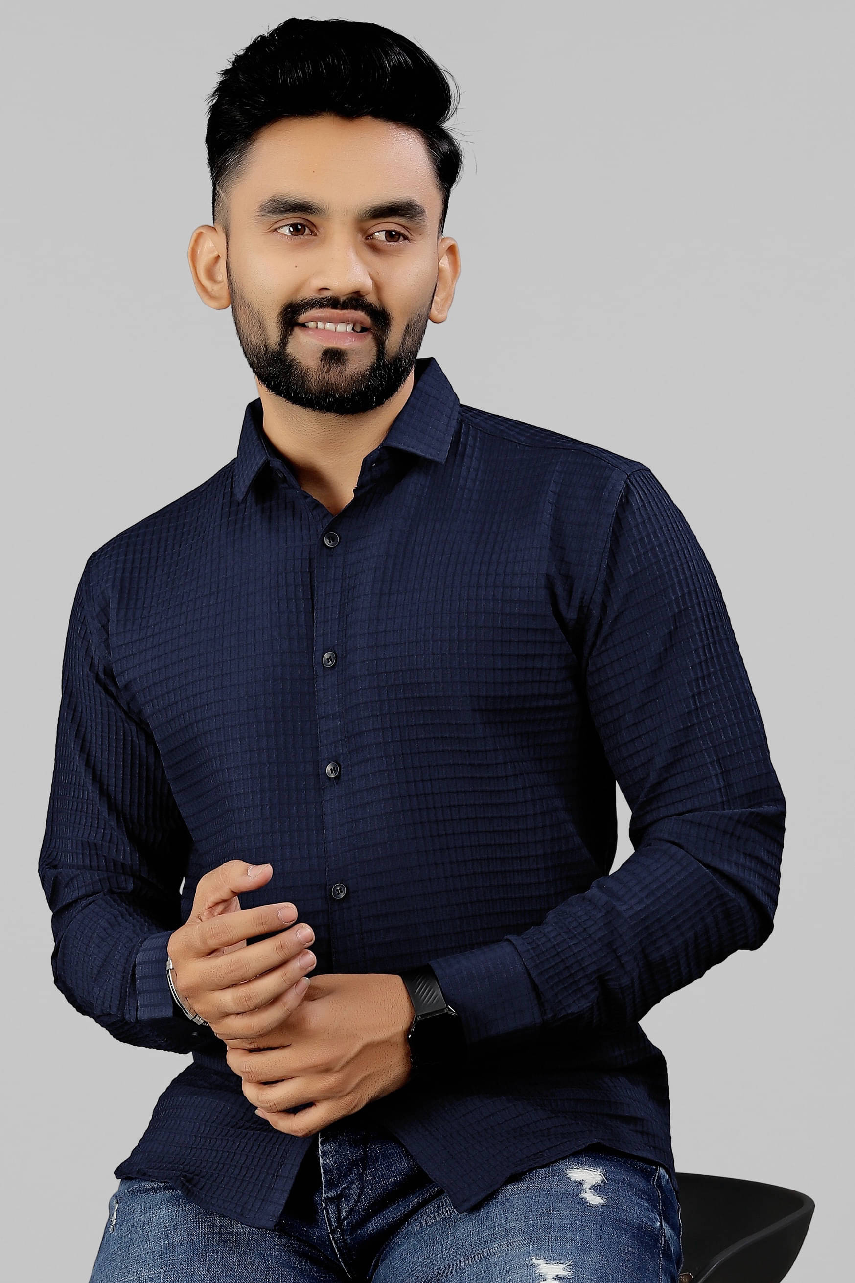     			UPQUEDS Polyester Regular Fit Self Design Full Sleeves Men's Casual Shirt - Navy Blue ( Pack of 1 )