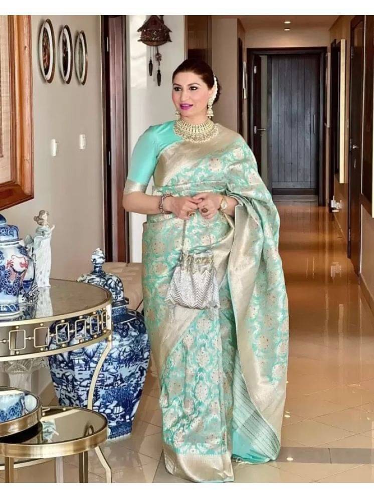 YUGAVEERAA Art Silk Embellished Regular Saree With Unstitched Blouse Piece ( Rama ) YUGAVEERAA Art Silk Embellished Regular Saree With Unstitched Blouse Piece ( Rama )