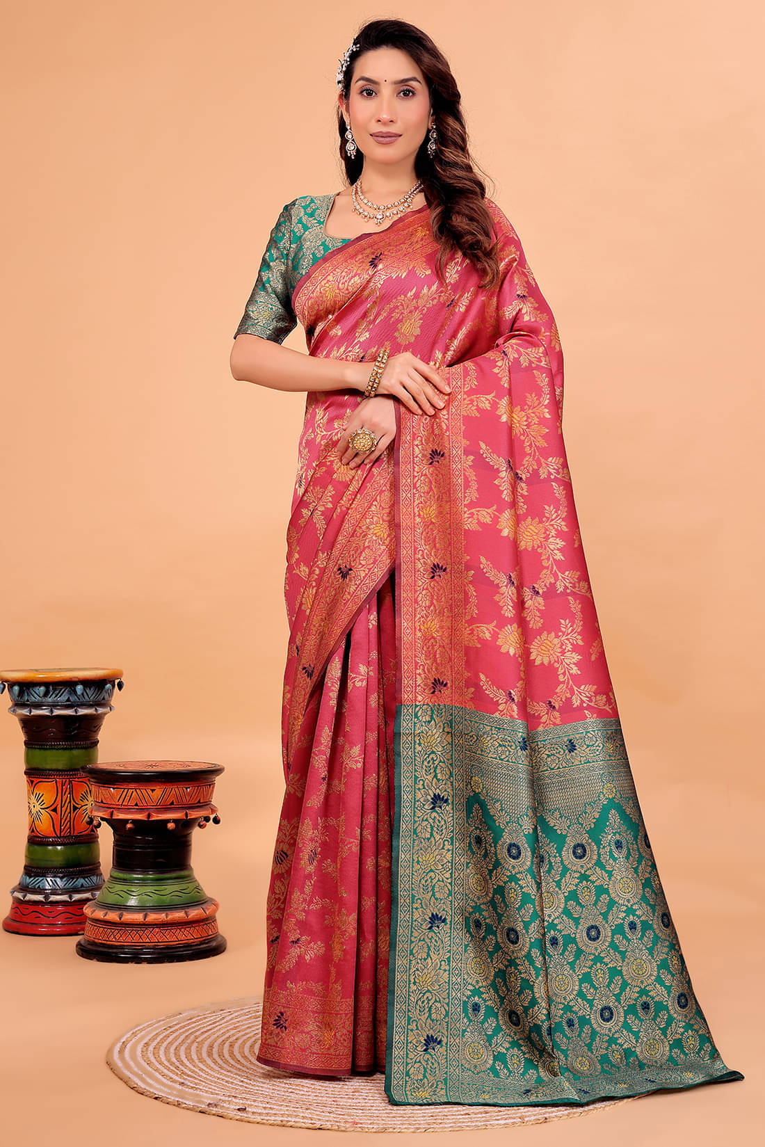 YUGAVEERAA Art Silk Solid Regular Saree With Unstitched Blouse Piece ( Peach ) YUGAVEERAA Art Silk Solid Regular Saree With Unstitched Blouse Piece ( Peach )