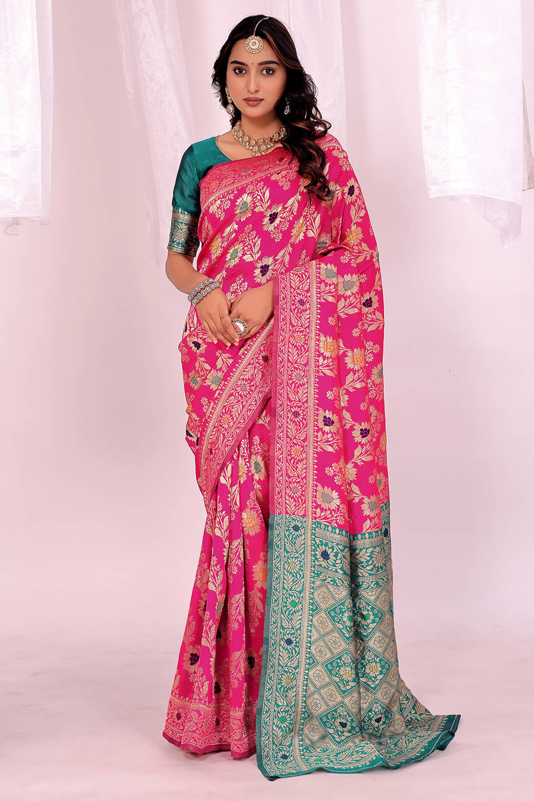 YUGAVEERAA Art Silk Solid Regular Saree With Unstitched Blouse Piece ( Pink ) YUGAVEERAA Art Silk Solid Regular Saree With Unstitched Blouse Piece ( Pink )