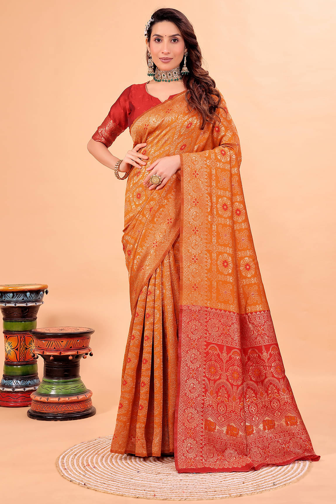 YUGAVEERAA Art Silk Solid Regular Saree With Unstitched Blouse Piece ( Mustard ) YUGAVEERAA Art Silk Solid Regular Saree With Unstitched Blouse Piece ( Mustard )