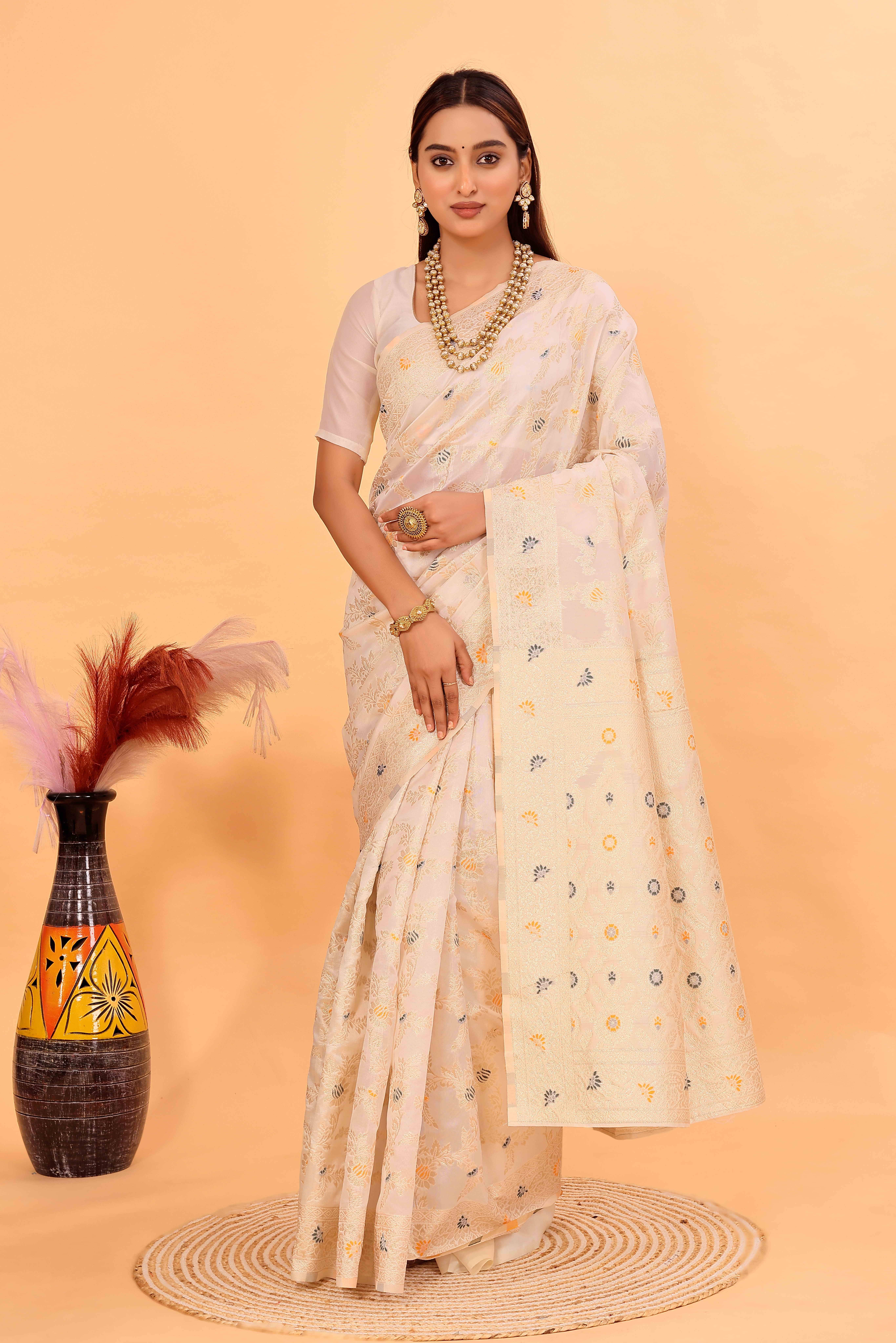 YUGAVEERAA Art Silk Solid Regular Saree With Unstitched Blouse Piece ( White ) YUGAVEERAA Art Silk Solid Regular Saree With Unstitched Blouse Piece ( White )