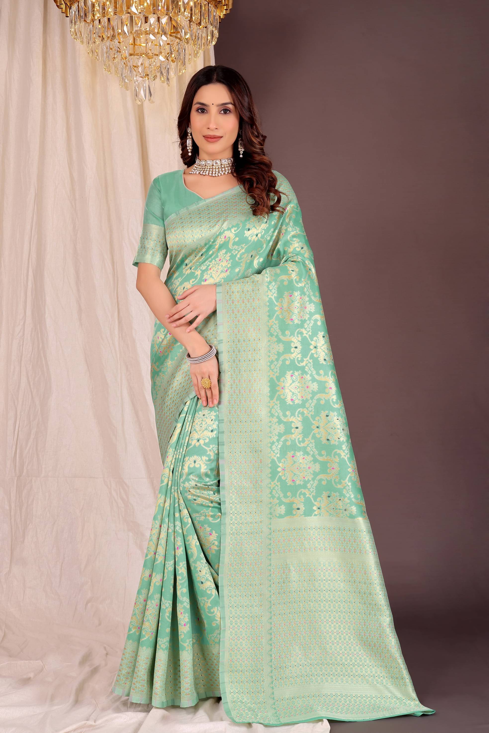 YUGAVEERAA Art Silk Woven Regular Saree With Unstitched Blouse Piece ( Rama ) YUGAVEERAA Art Silk Woven Regular Saree With Unstitched Blouse Piece ( Rama )
