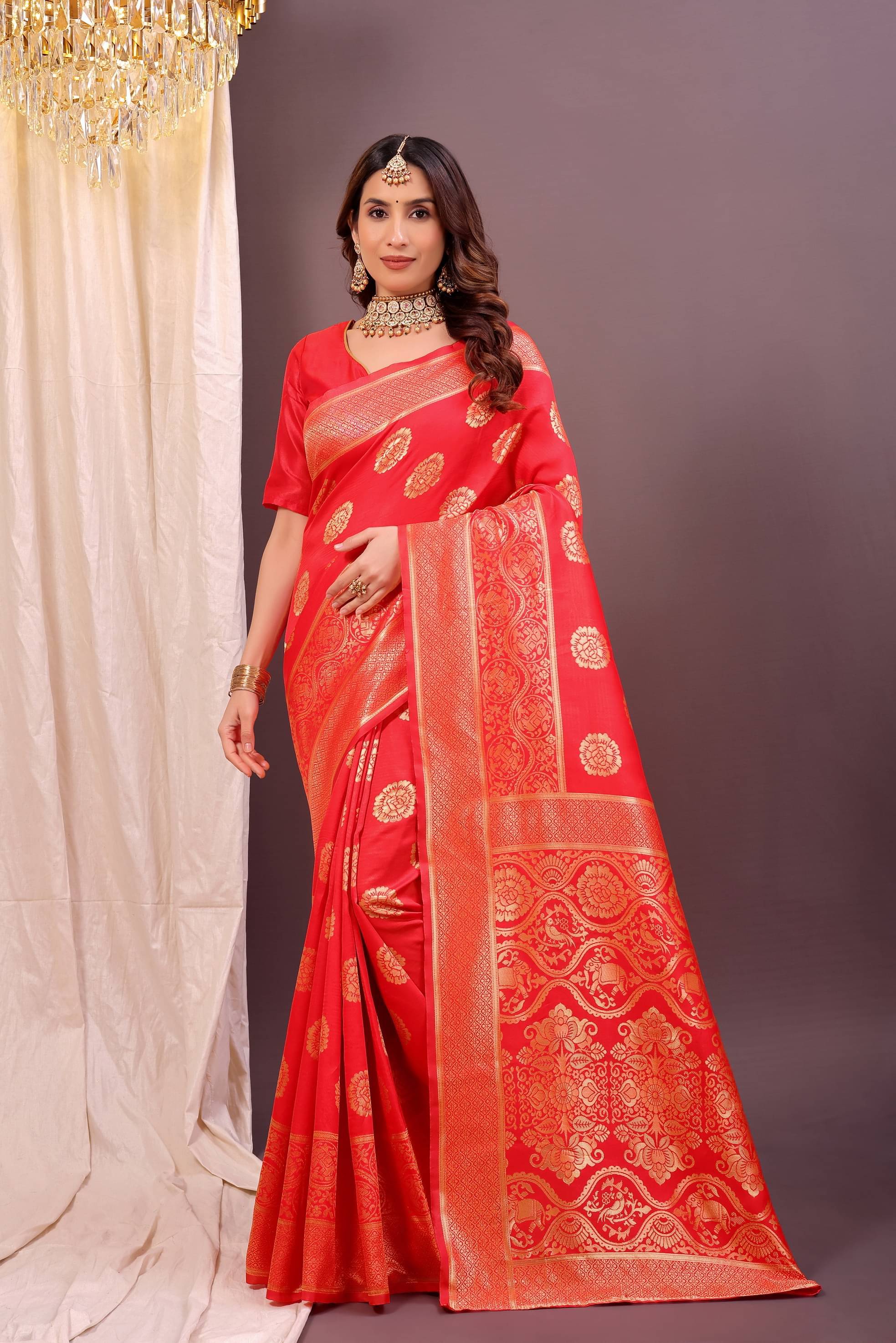 YUGAVEERAA Art Silk Woven Regular Saree With Unstitched Blouse Piece ( Red ) YUGAVEERAA Art Silk Woven Regular Saree With Unstitched Blouse Piece ( Red )