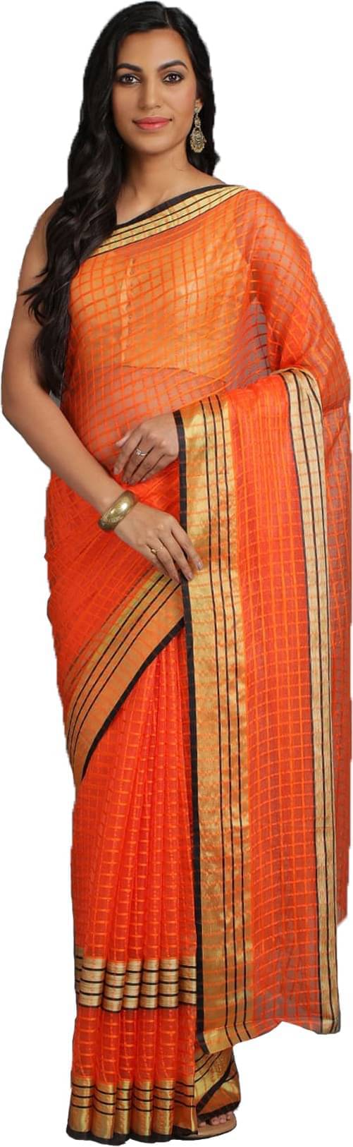     			YUGAVEERAA Cotton Silk Striped Regular Saree With Unstitched Blouse Piece ( Orange )