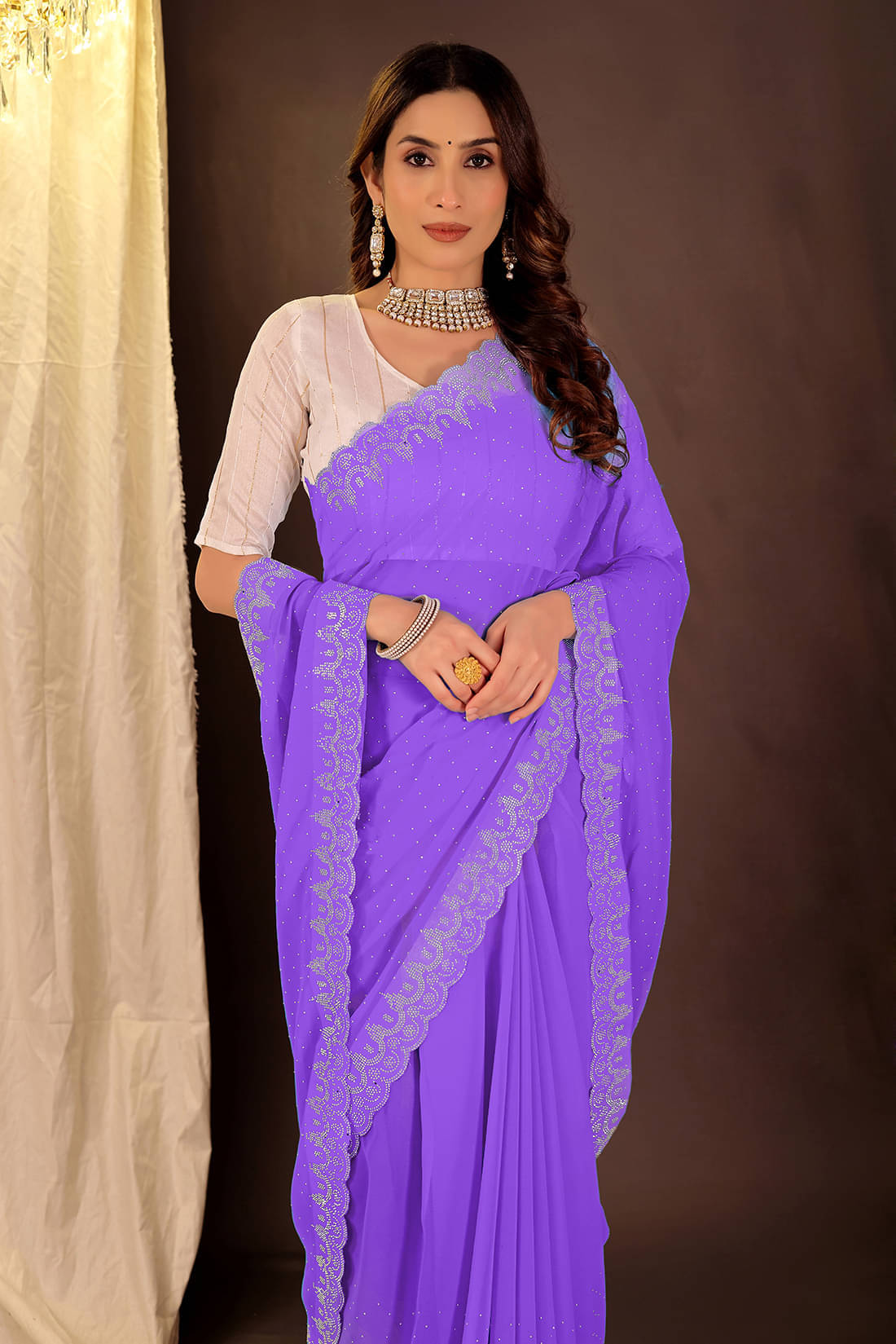 YUGAVEERAA Georgette Embellished Regular Saree With Unstitched Blouse Piece ( Lavender ) YUGAVEERAA Georgette Embellished Regular Saree With Unstitched Blouse Piece ( Lavender )