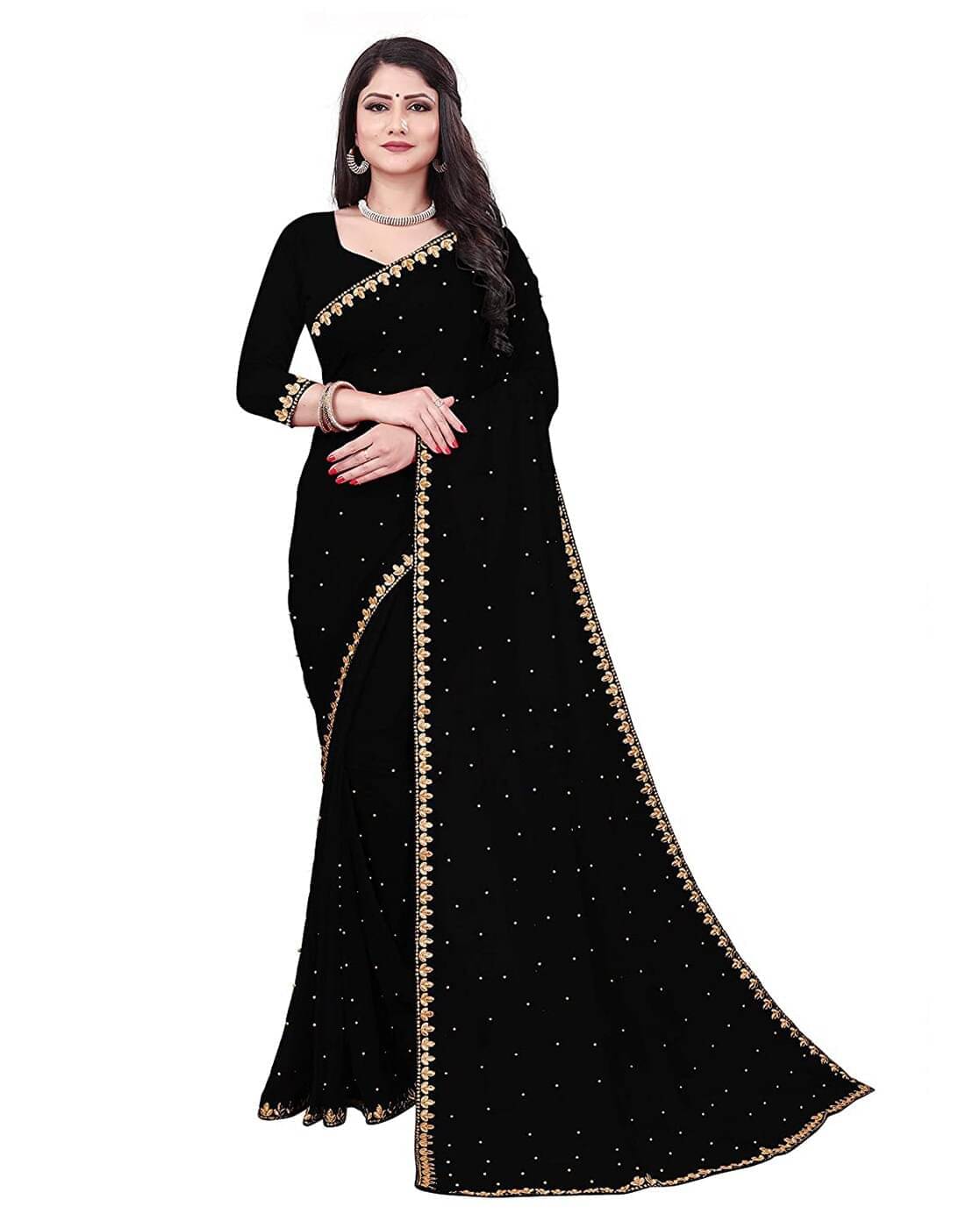 YUGAVEERAA Lycra Solid Regular Saree With Unstitched Blouse Piece ( Black ) YUGAVEERAA Lycra Solid Regular Saree With Unstitched Blouse Piece ( Black )