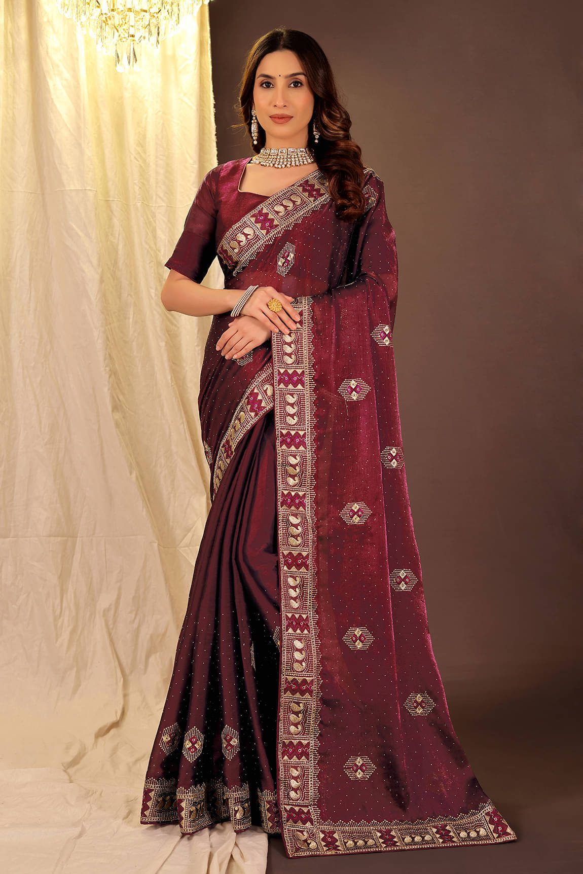YUGAVEERAA Organza Embellished Regular Saree With Unstitched Blouse Piece ( Maroon )     			YUGAVEERAA Organza Embellished Regular Saree With Unstitched Blouse Piece ( Maroon )