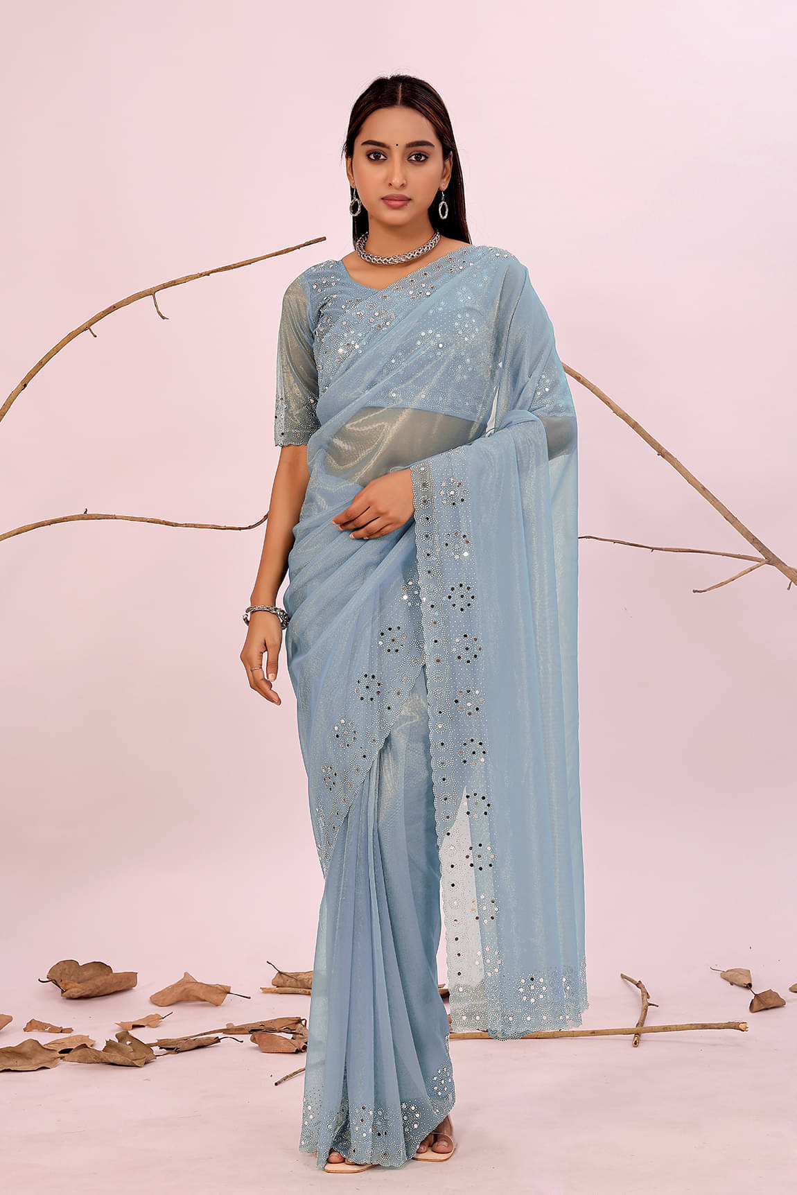 YUGAVEERAA Organza Woven Regular Saree With Unstitched Blouse Piece ( Sky Blue ) YUGAVEERAA Organza Woven Regular Saree With Unstitched Blouse Piece ( Sky Blue )