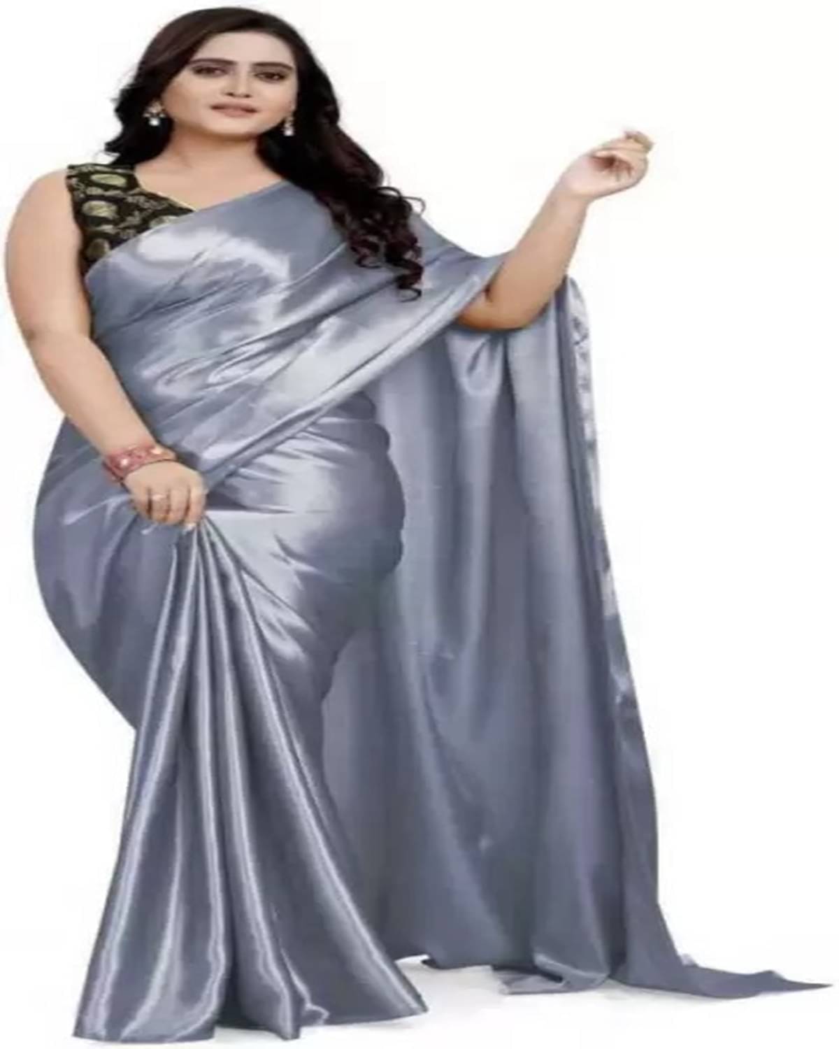 YUGAVEERAA Satin Solid Regular Saree With Unstitched Blouse Piece ( Dark Grey ) YUGAVEERAA Satin Solid Regular Saree With Unstitched Blouse Piece ( Dark Grey )