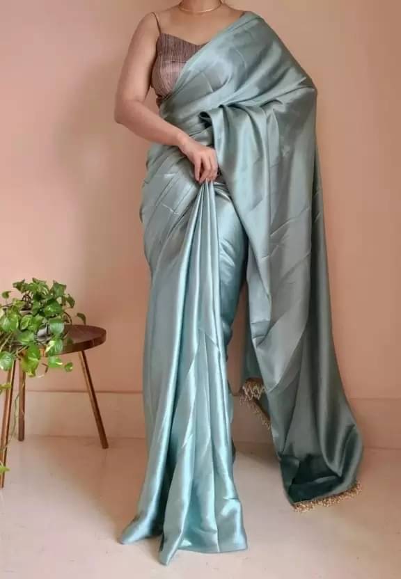     			YUGAVEERAA Satin Solid Regular Saree With Unstitched Blouse Piece ( Light Blue )