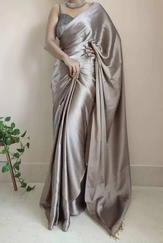 YUGAVEERAA Satin Solid Regular Saree With Unstitched Blouse Piece ( Grey ) YUGAVEERAA Satin Solid Regular Saree With Unstitched Blouse Piece ( Grey )