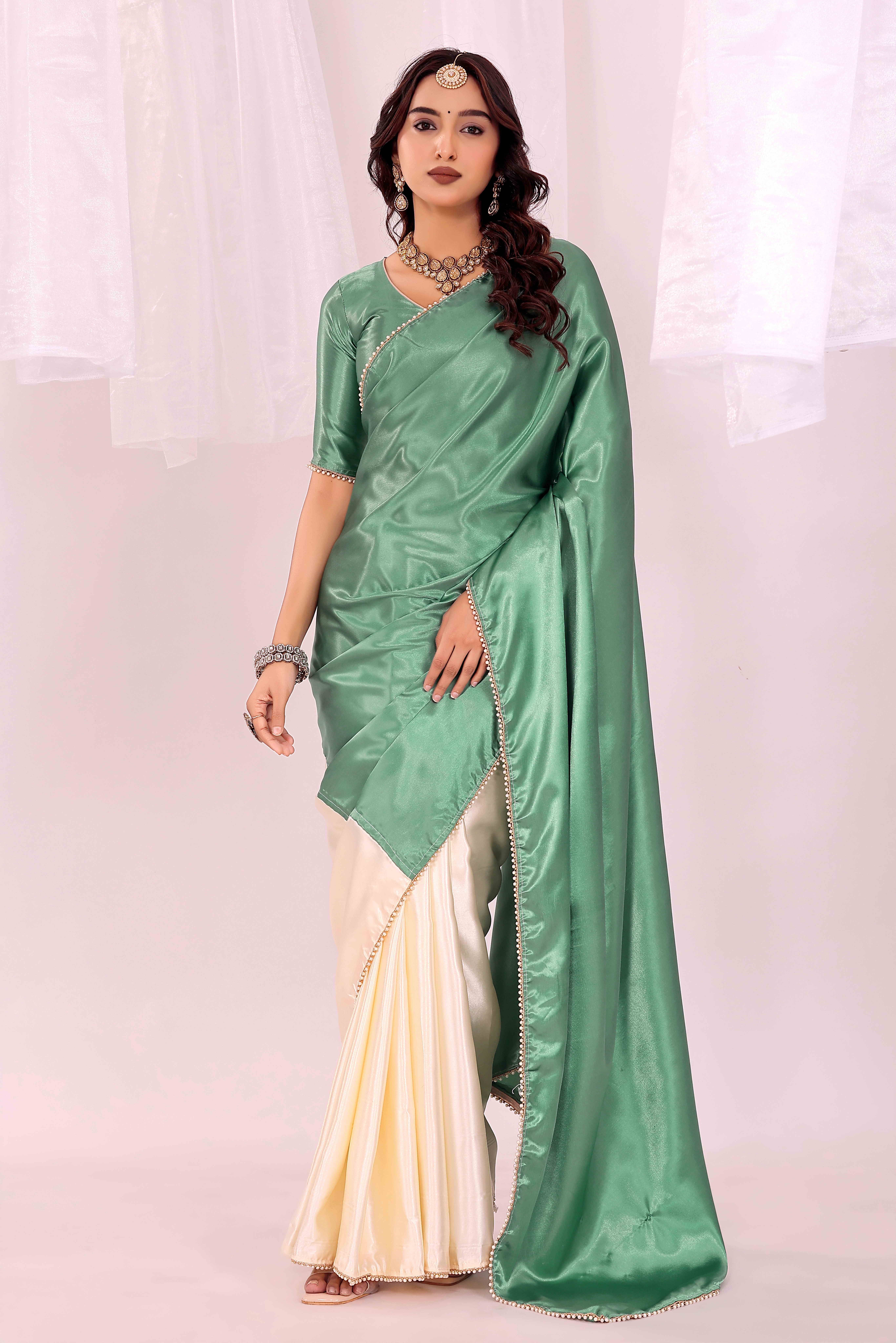 YUGAVEERAA Satin Solid Regular Saree With Unstitched Blouse Piece ( LightGreen ) YUGAVEERAA Satin Solid Regular Saree With Unstitched Blouse Piece ( LightGreen )