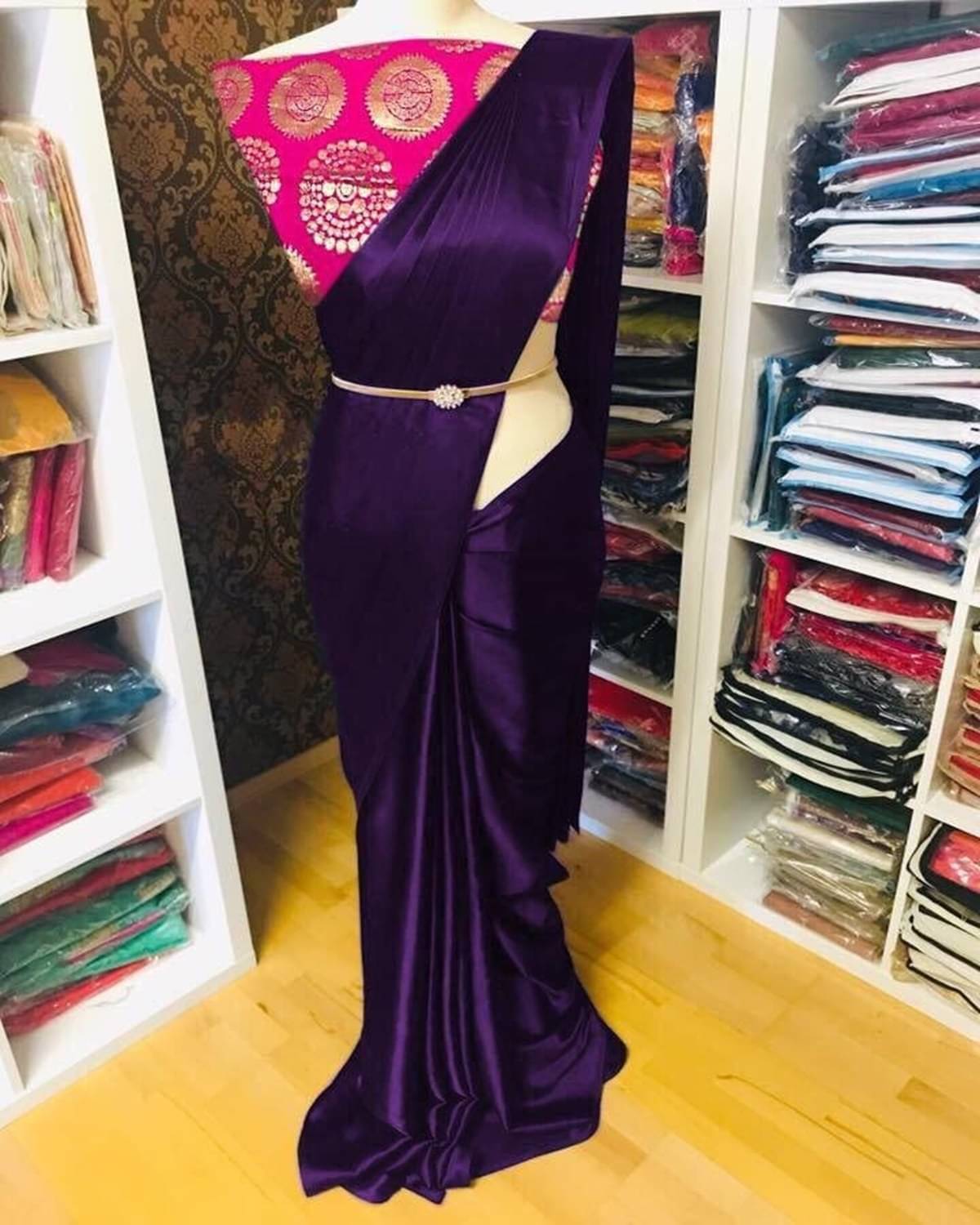 YUGAVEERAA Satin Solid Regular Saree With Unstitched Blouse Piece ( Indigo ) YUGAVEERAA Satin Solid Regular Saree With Unstitched Blouse Piece ( Indigo )
