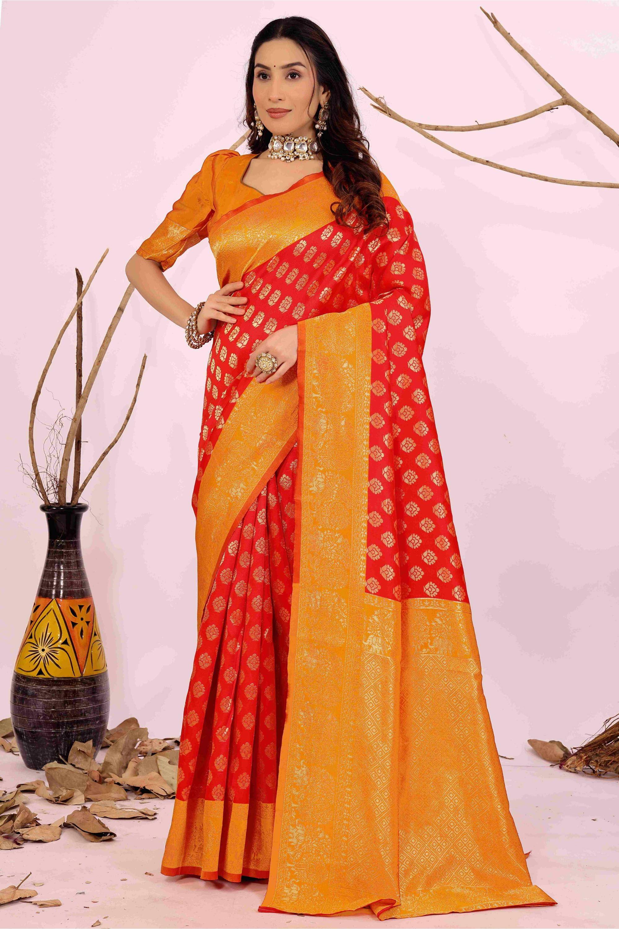 YUGAVEERAA Silk Embellished Regular Saree With Unstitched Blouse Piece ( Red ) YUGAVEERAA Silk Embellished Regular Saree With Unstitched Blouse Piece ( Red )