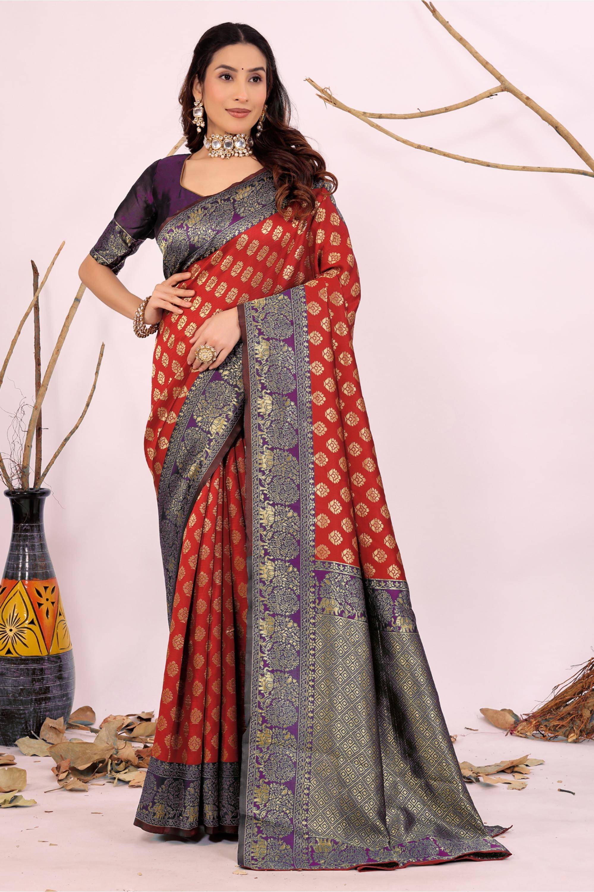 YUGAVEERAA Silk Embellished Regular Saree With Unstitched Blouse Piece ( Rani ) YUGAVEERAA Silk Embellished Regular Saree With Unstitched Blouse Piece ( Rani )
