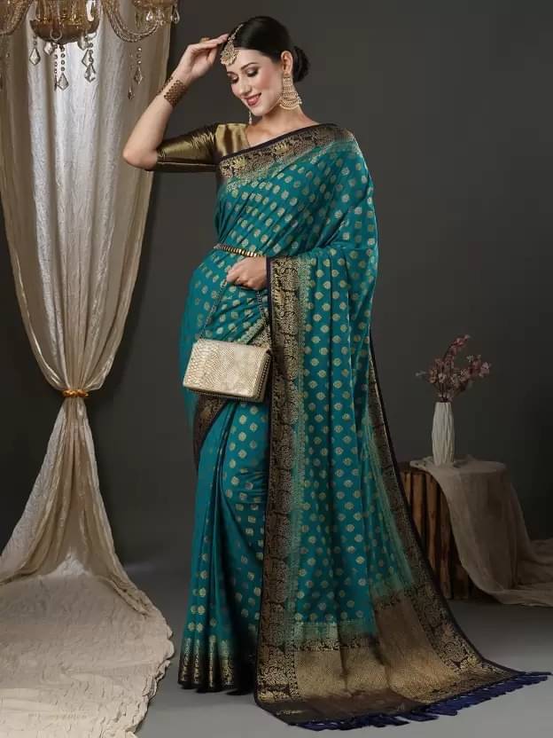 YUGAVEERAA Silk Woven Regular Saree With Unstitched Blouse Piece ( Rama ) YUGAVEERAA Silk Woven Regular Saree With Unstitched Blouse Piece ( Rama )