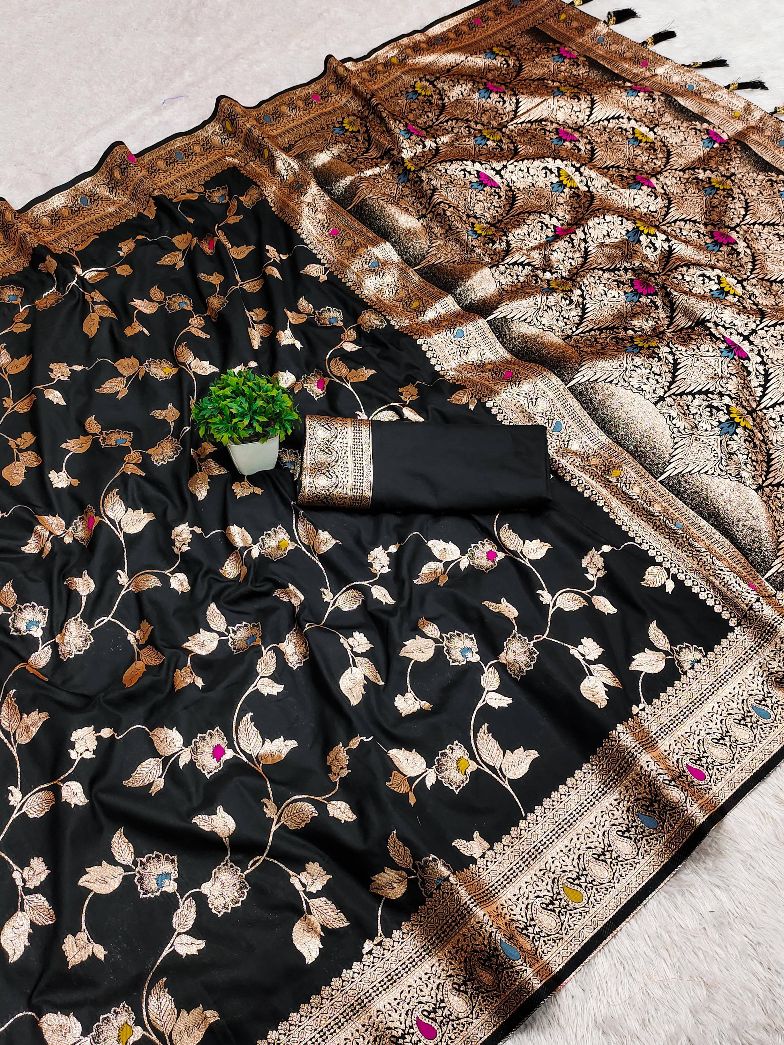 YUGAVEERAA Silk Woven Regular Saree With Unstitched Blouse Piece ( Black ) YUGAVEERAA Silk Woven Regular Saree With Unstitched Blouse Piece ( Black )