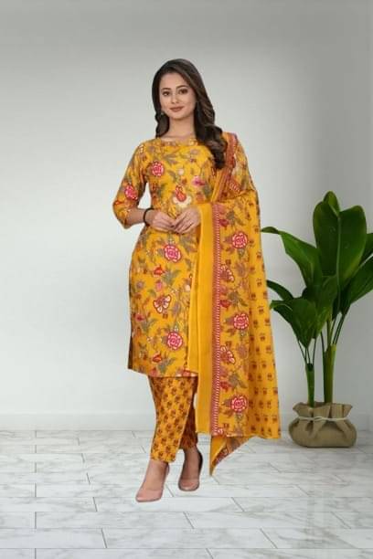     			Zorista Women Cotton Printed A-line Kurti With Pants ( Yellow )