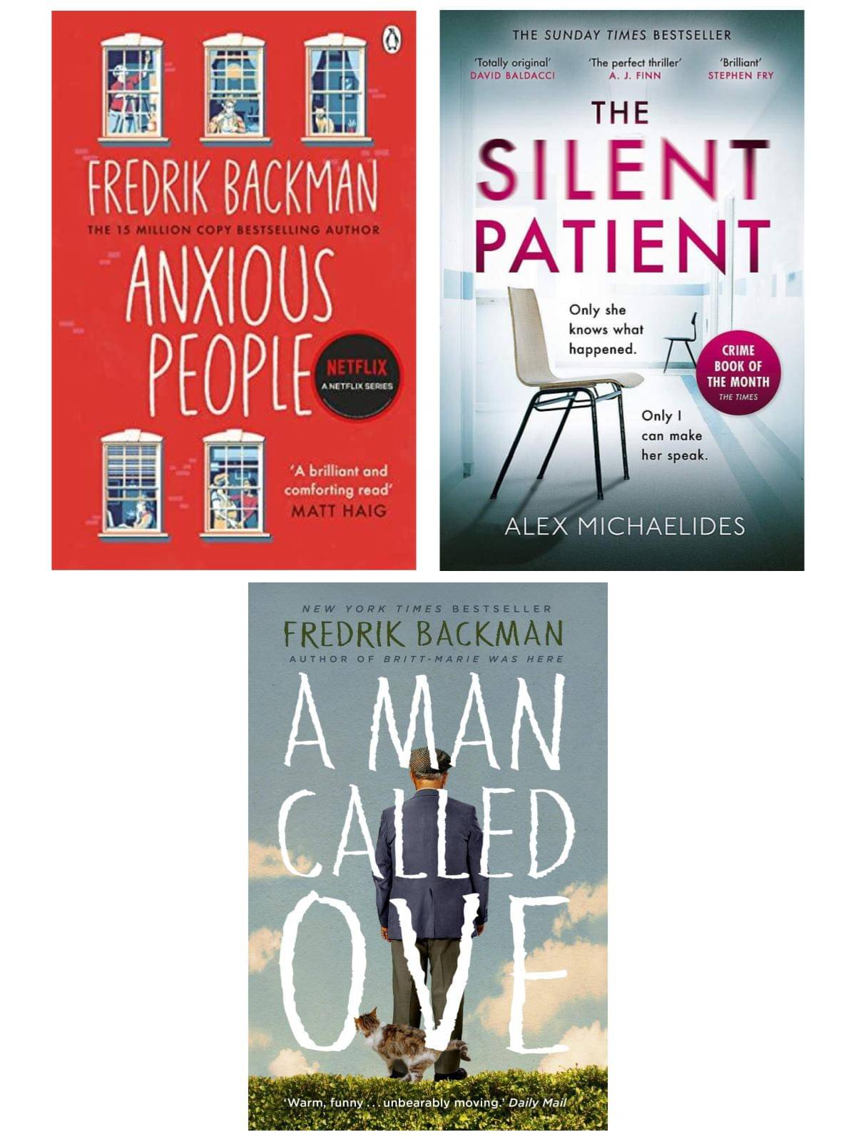     			Anxious People + A Man Called Ove + The Silent Patient (English, Paperback, Backman Fredrik + Michaelides Alex)