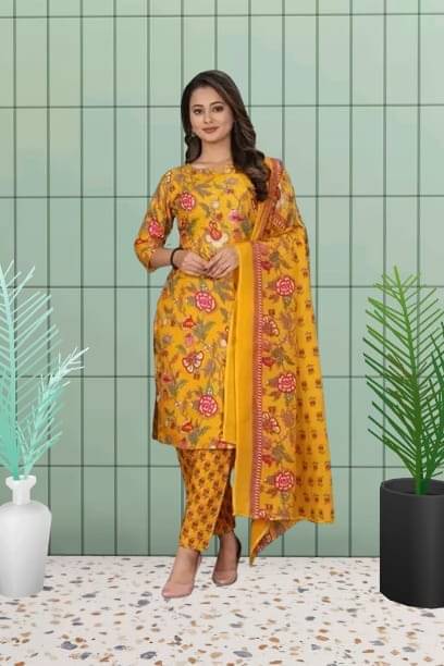     			BONISTA FASHION FOR ALL Women Cotton Printed A-line Kurti With Pants ( Yellow )