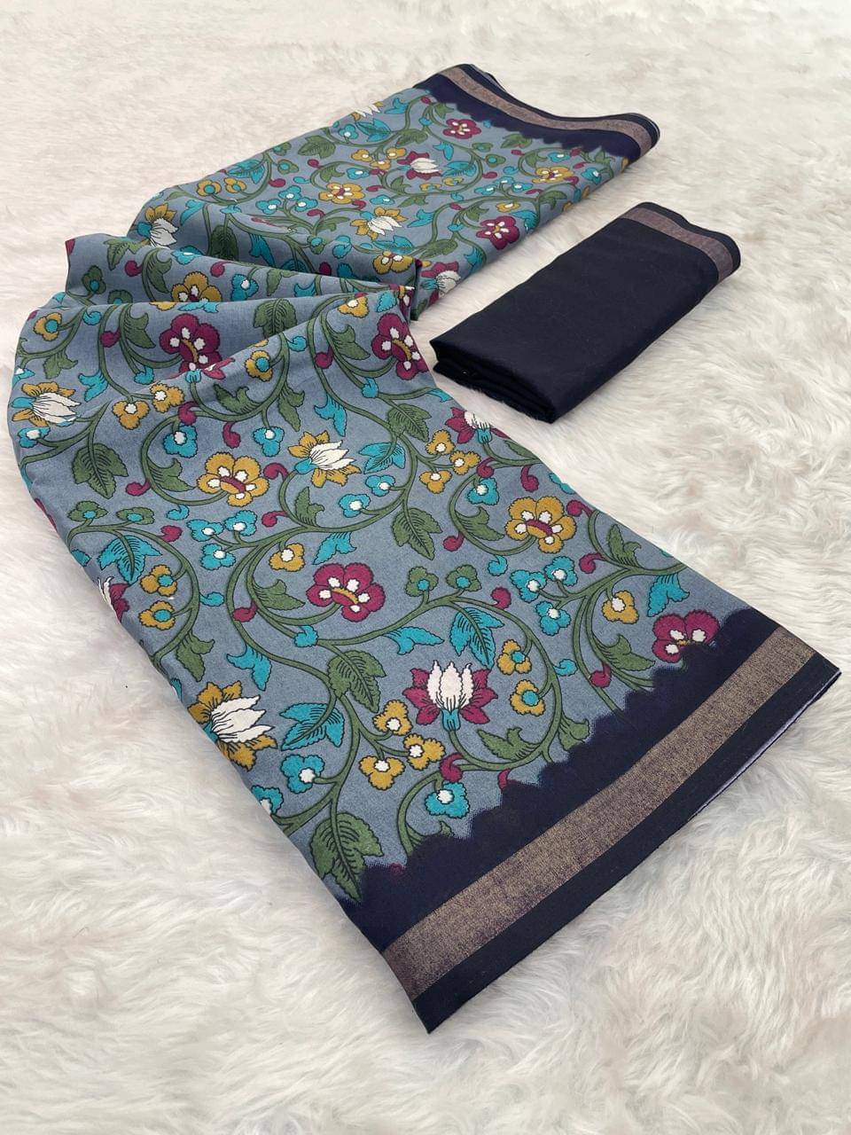 Bhuwal Fashion Art Silk Printed Kashmiri Kani Saree With Unstitched Blouse Piece ( Blue ) Bhuwal Fashion Art Silk Printed Kashmiri Kani Saree With Unstitched Blouse Piece ( Blue )