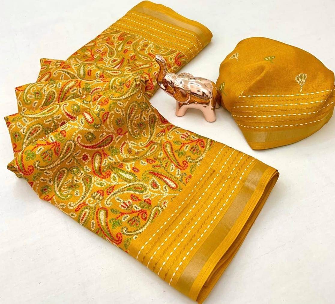     			Bhuwal Fashion Art Silk Printed Kashmiri Kani Saree With Unstitched Blouse Piece ( Yellow )