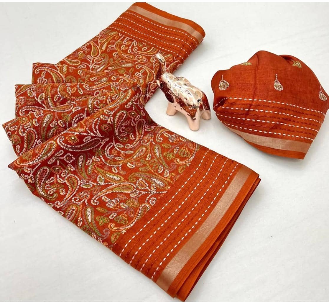 Bhuwal Fashion Art Silk Printed Kashmiri Kani Saree With Unstitched Blouse Piece ( Orange ) - Sarees | Buy online on ZillyBuy