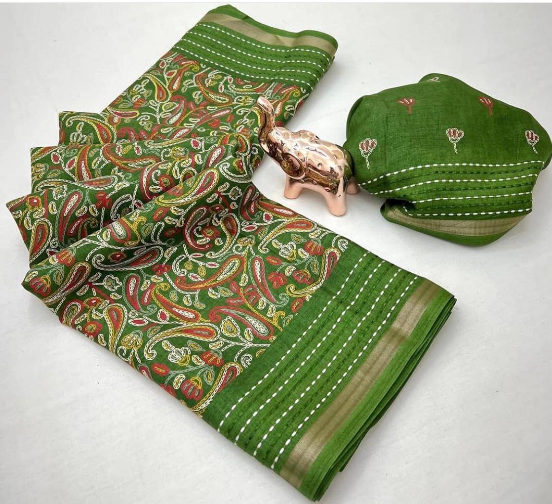     			Bhuwal Fashion Art Silk Printed Kashmiri Kani Saree With Unstitched Blouse Piece ( Green )