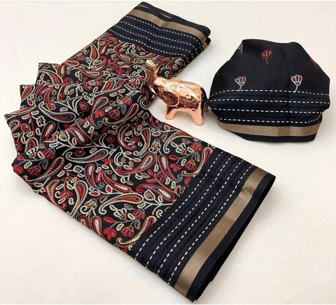     			Bhuwal Fashion Art Silk Printed Kashmiri Kani Saree With Unstitched Blouse Piece ( Black )