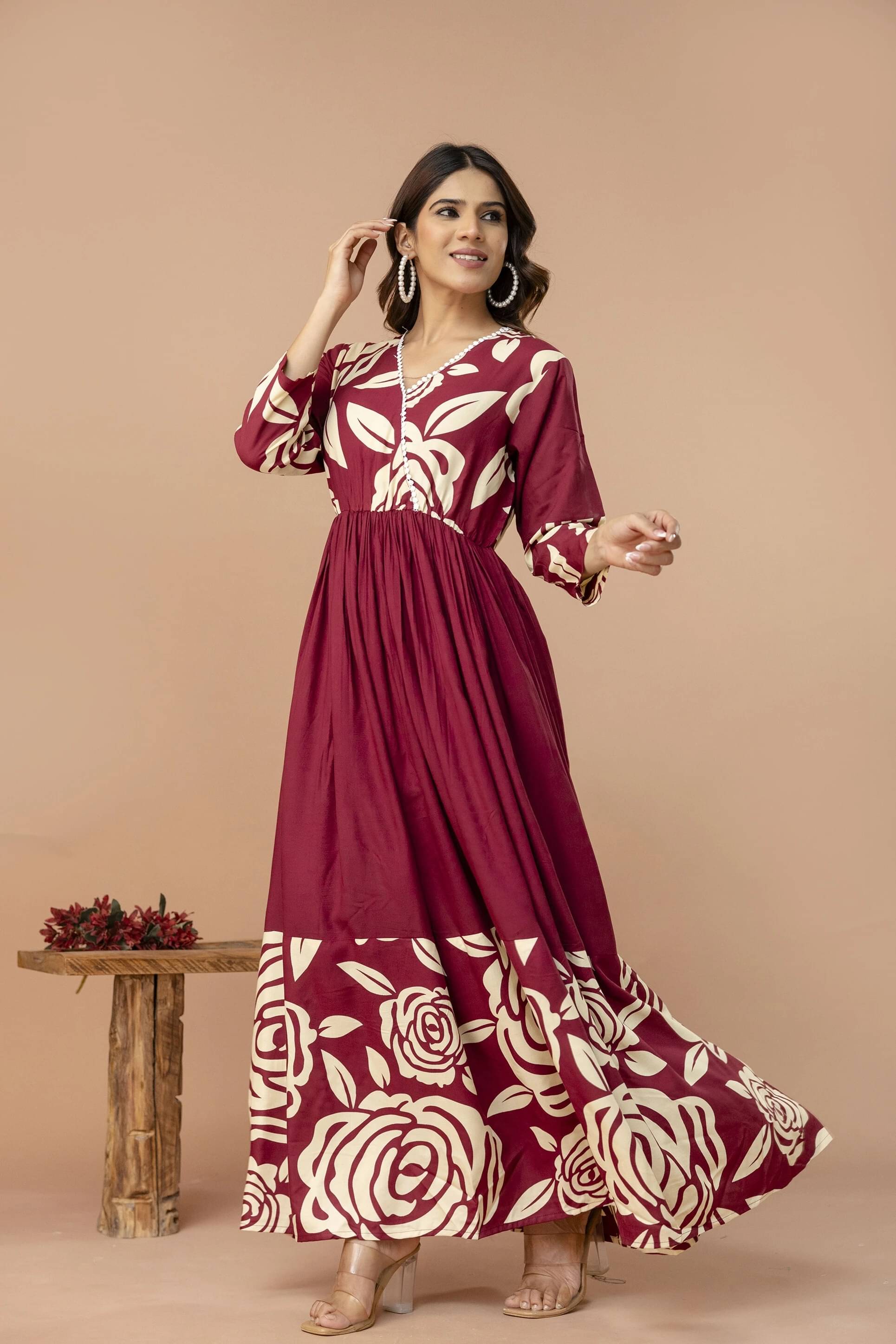     			Dressar Women Viscose Rayon Printed Flared Kurti ( Maroon )