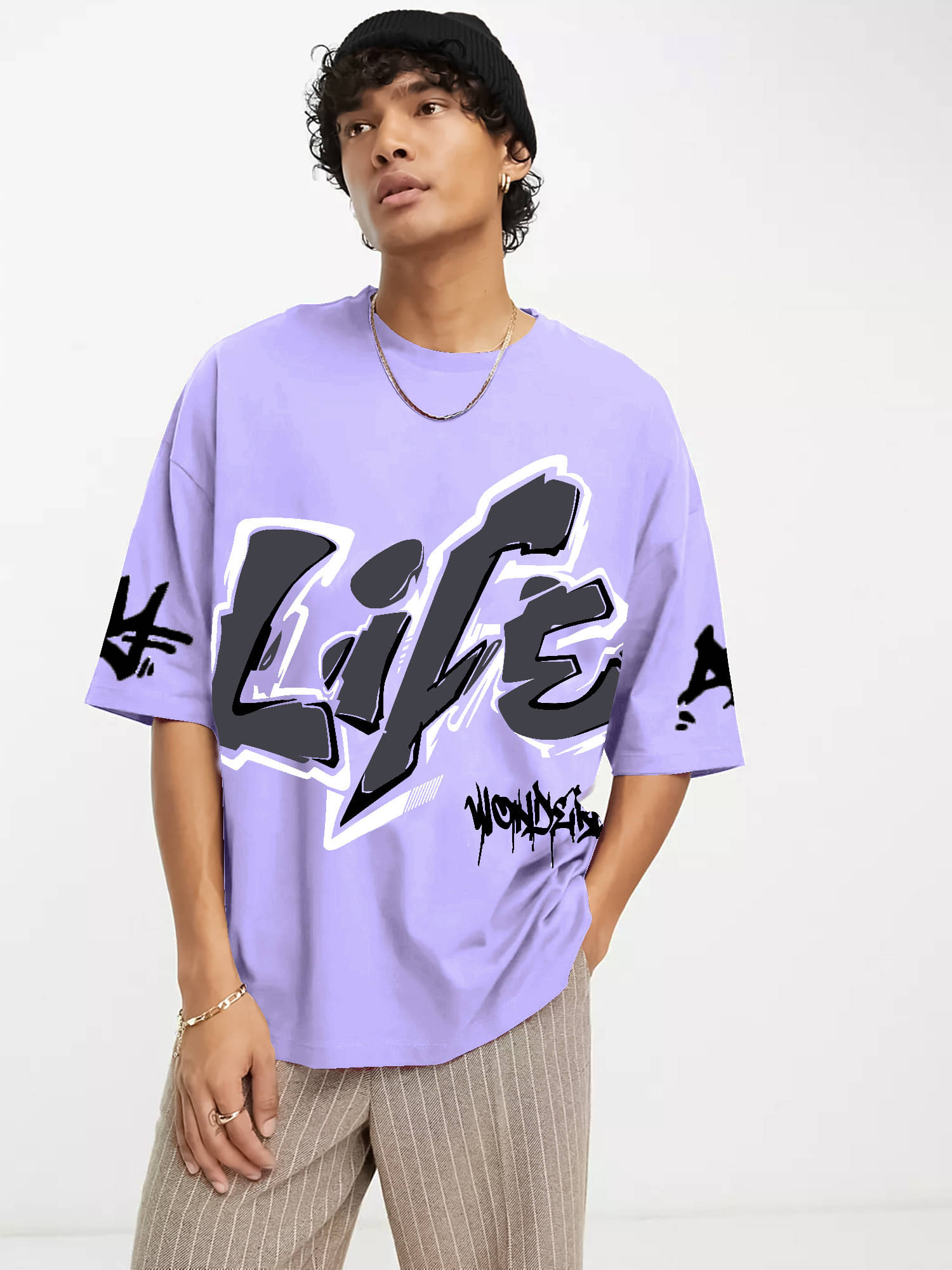 JUMP CUTS Men Cotton Blend Oversized Fit Printed T-Shirt ( Purple )     			JUMP CUTS Men Cotton Blend Oversized Fit Printed T-Shirt ( Purple )