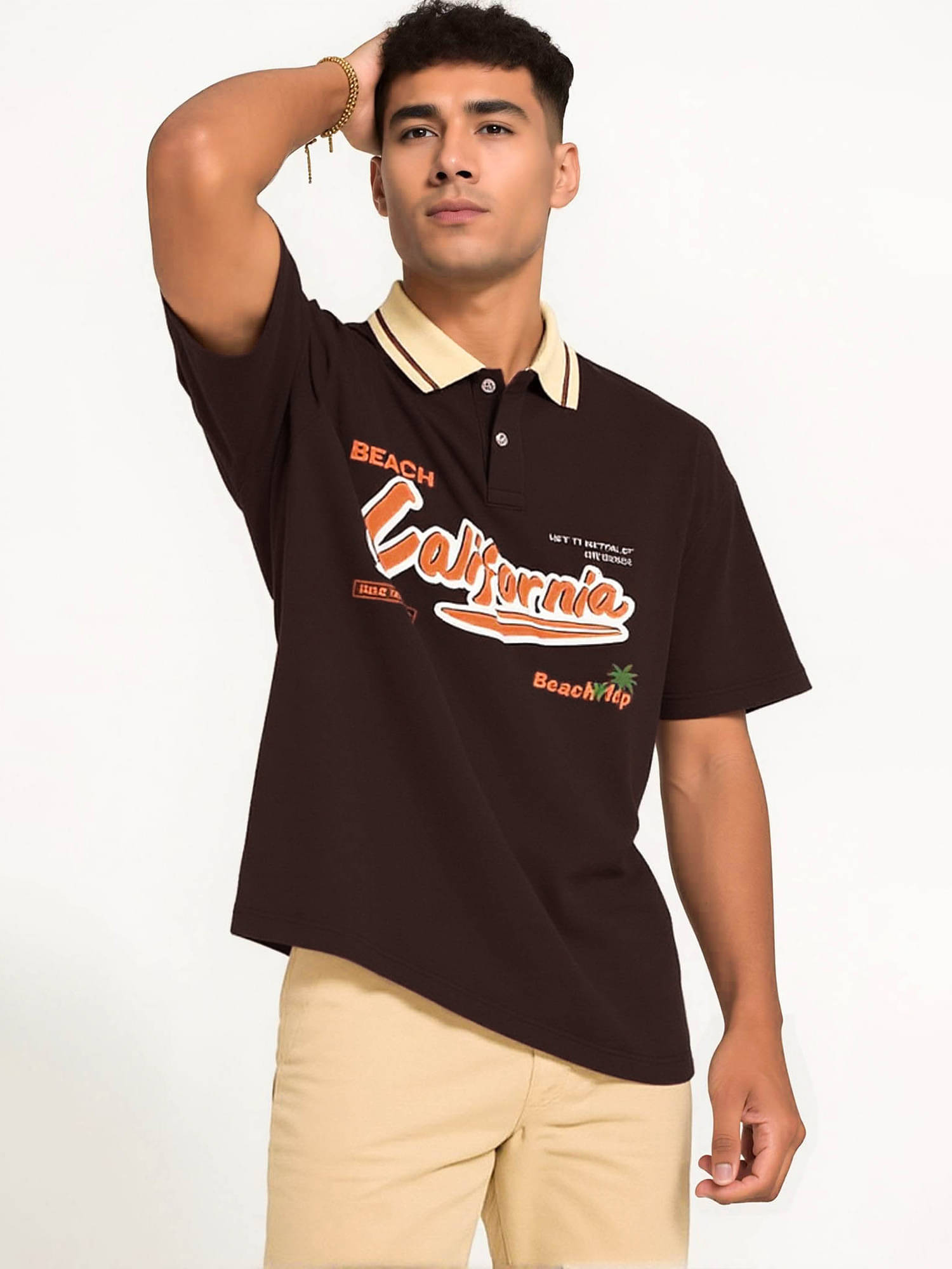     			JUMP CUTS Men Cotton Blend Regular Fit Printed Polo T Shirt ( Brown )