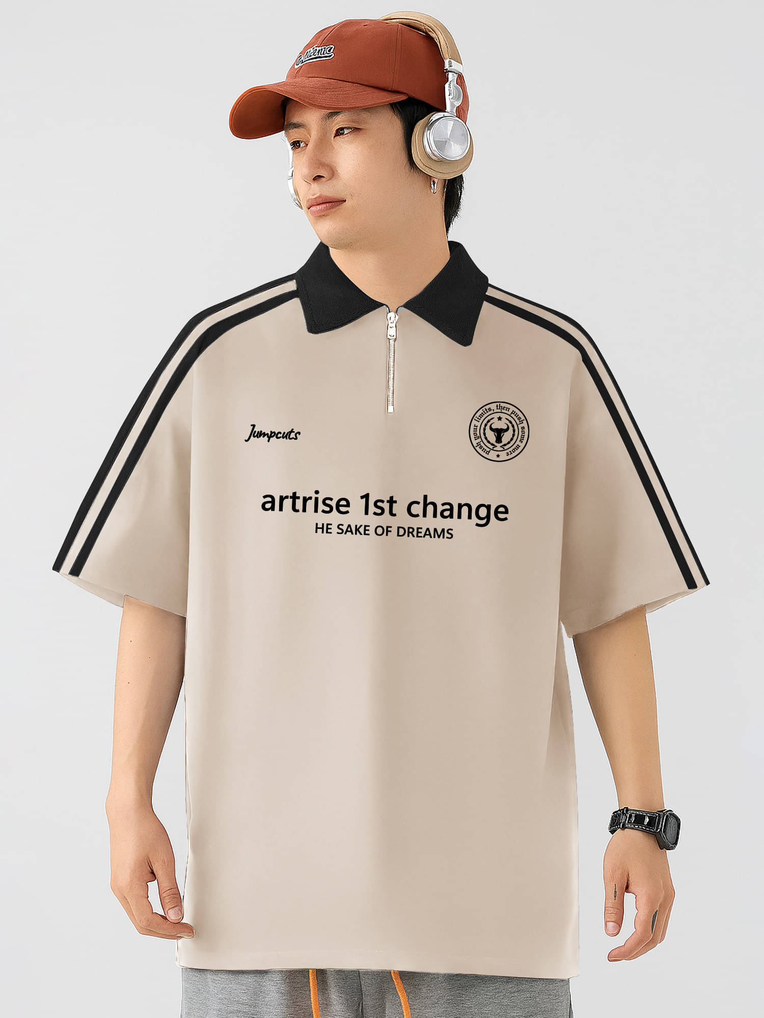     			JUMP CUTS Men Cotton Blend Oversized Fit Printed Polo T Shirt ( Beige )