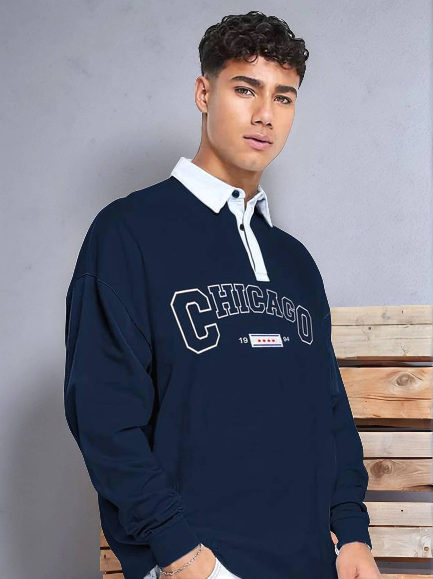     			JUMP CUTS Men Cotton Blend Oversized Fit Printed Polo T Shirt ( Navy Blue )