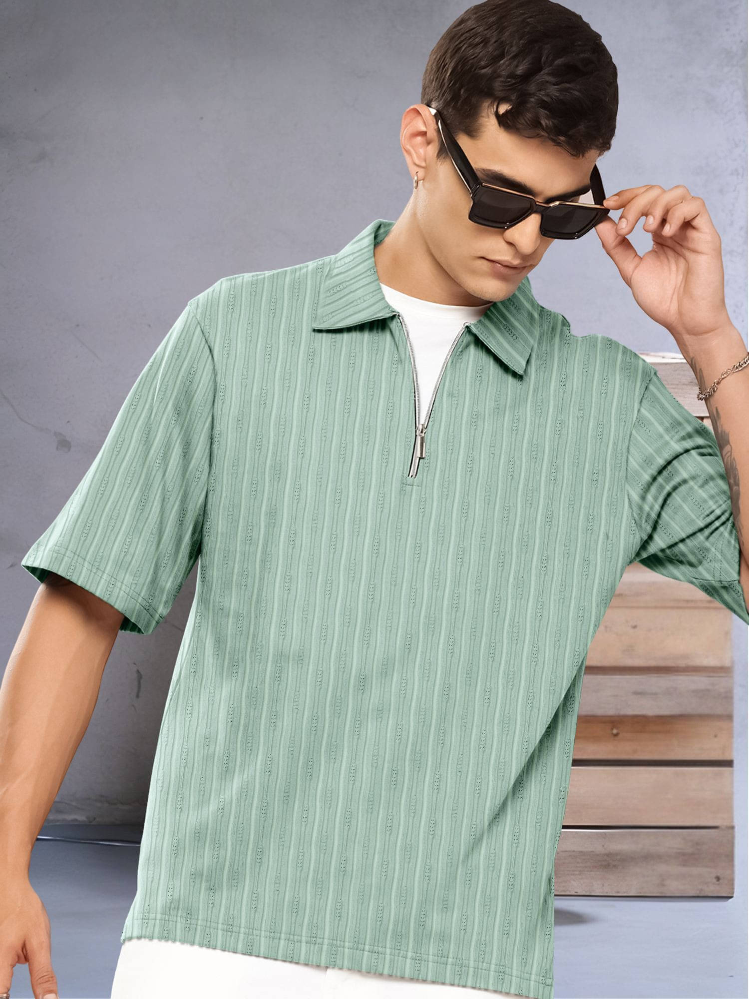 JUMP CUTS Men Cotton Blend Regular Fit Self Design Polo T Shirt ( Green )     			JUMP CUTS Men Cotton Blend Regular Fit Self Design Polo T Shirt ( Green )