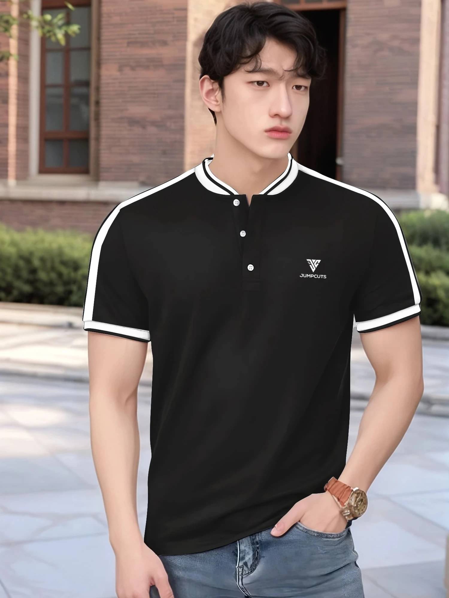 JUMP CUTS Men Cotton Blend Slim Fit Colorblock T-Shirt ( Black ) JUMP CUTS Men Cotton Blend Slim Fit Colorblock T-Shirt ( Black )