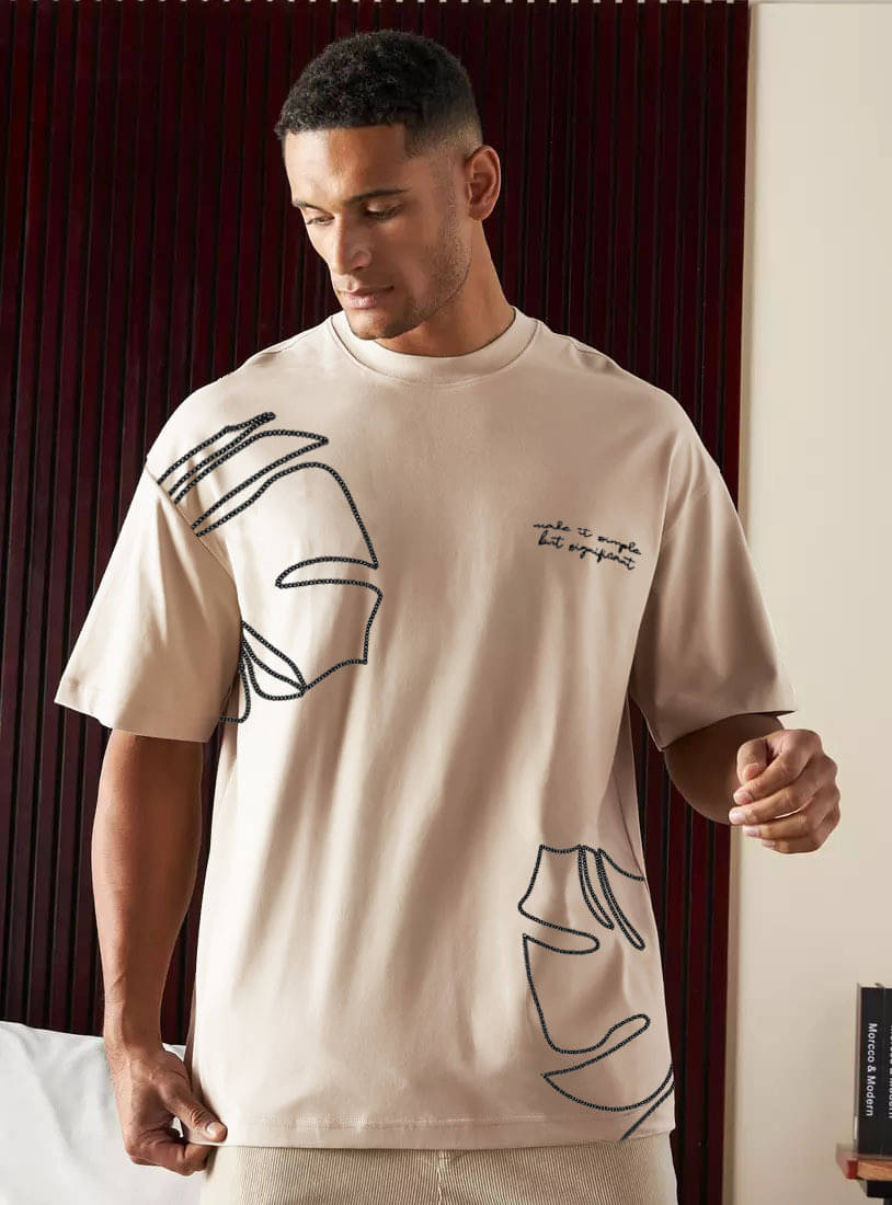     			JUMP CUTS Men Cotton Blend Oversized Fit Printed T-Shirt ( Beige )