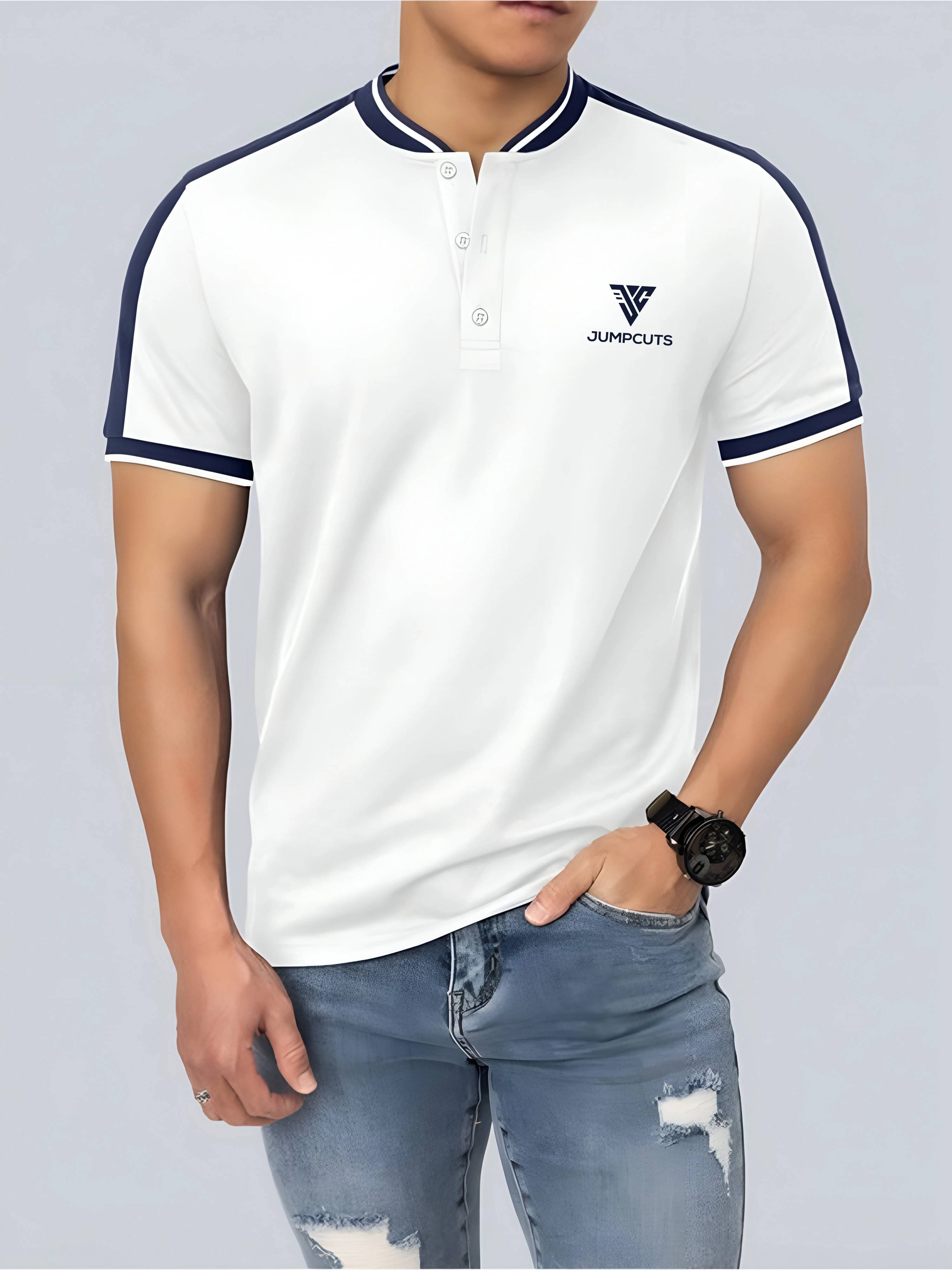 JUMP CUTS Men Cotton Blend Slim Fit Colorblock T-Shirt ( White ) JUMP CUTS Men Cotton Blend Slim Fit Colorblock T-Shirt ( White )