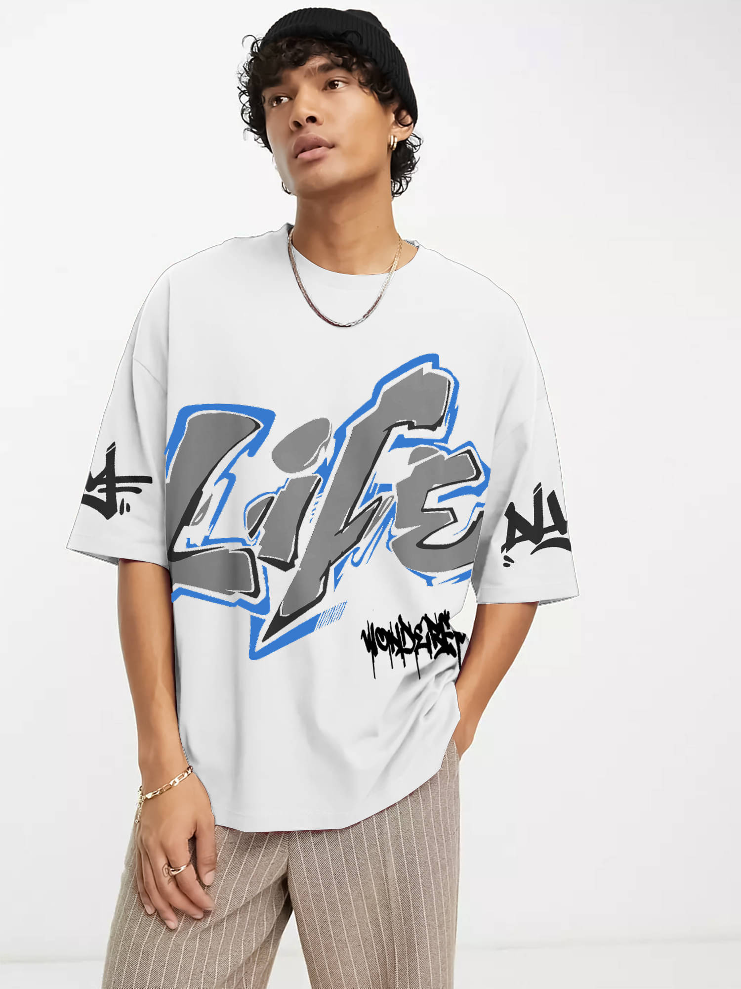     			JUMP CUTS Men Cotton Blend Oversized Fit Printed T-Shirt ( White )