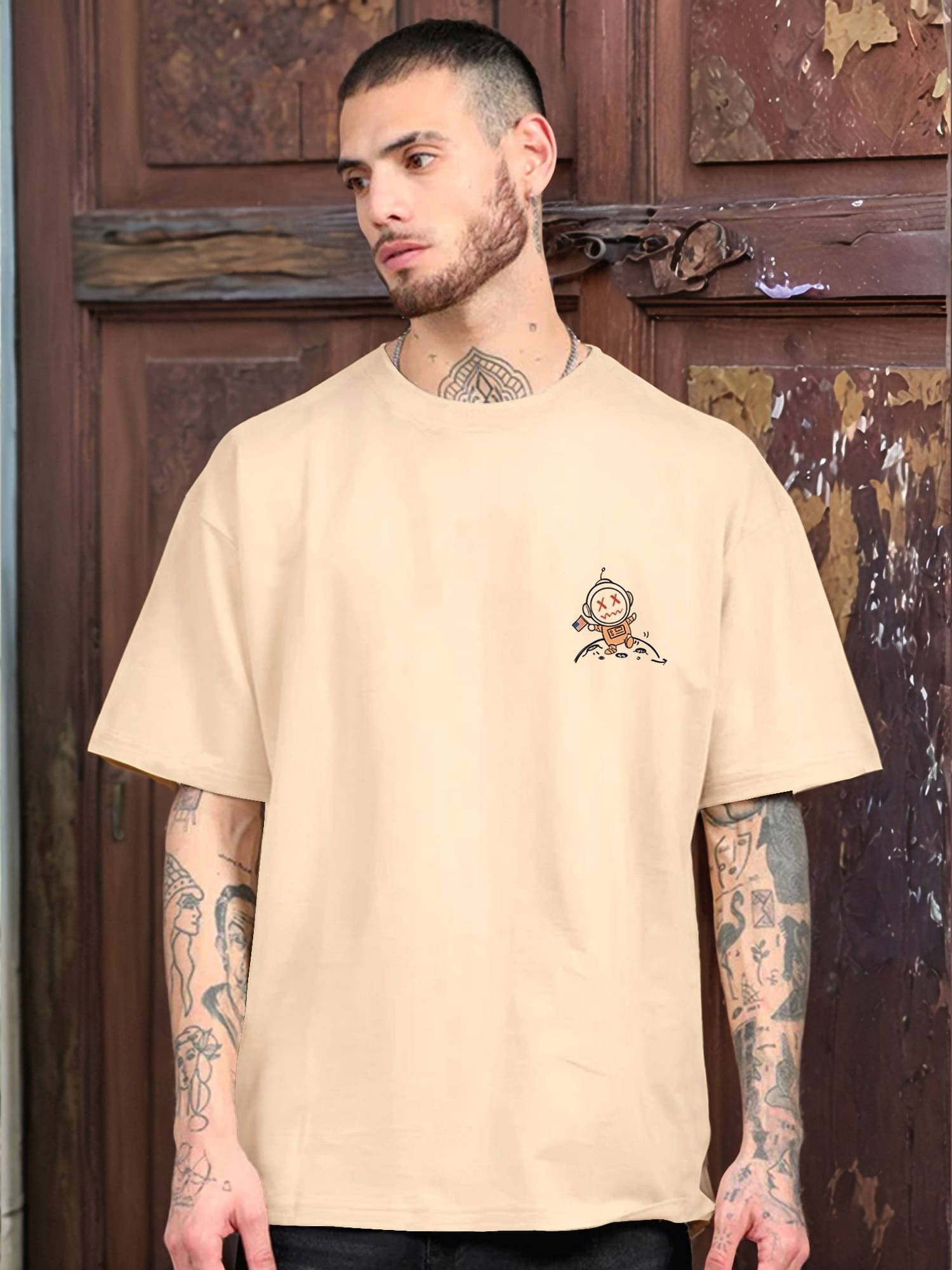     			JUMP CUTS Men Cotton Blend Oversized Fit Printed T-Shirt ( Beige )