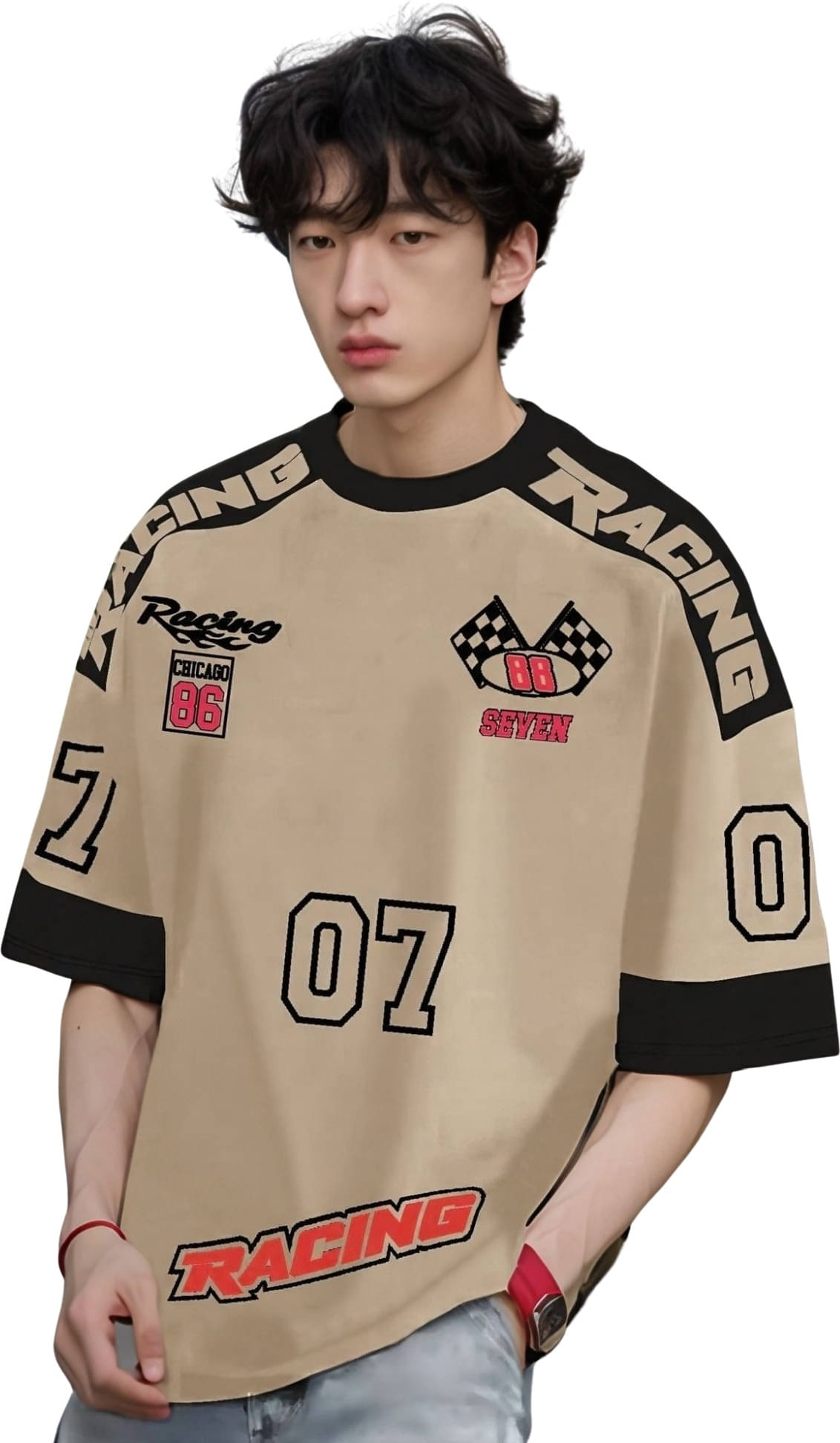 JUMP CUTS Men Cotton Blend Oversized Fit Self Design T-Shirt ( Beige )     			JUMP CUTS Men Cotton Blend Oversized Fit Self Design T-Shirt ( Beige )