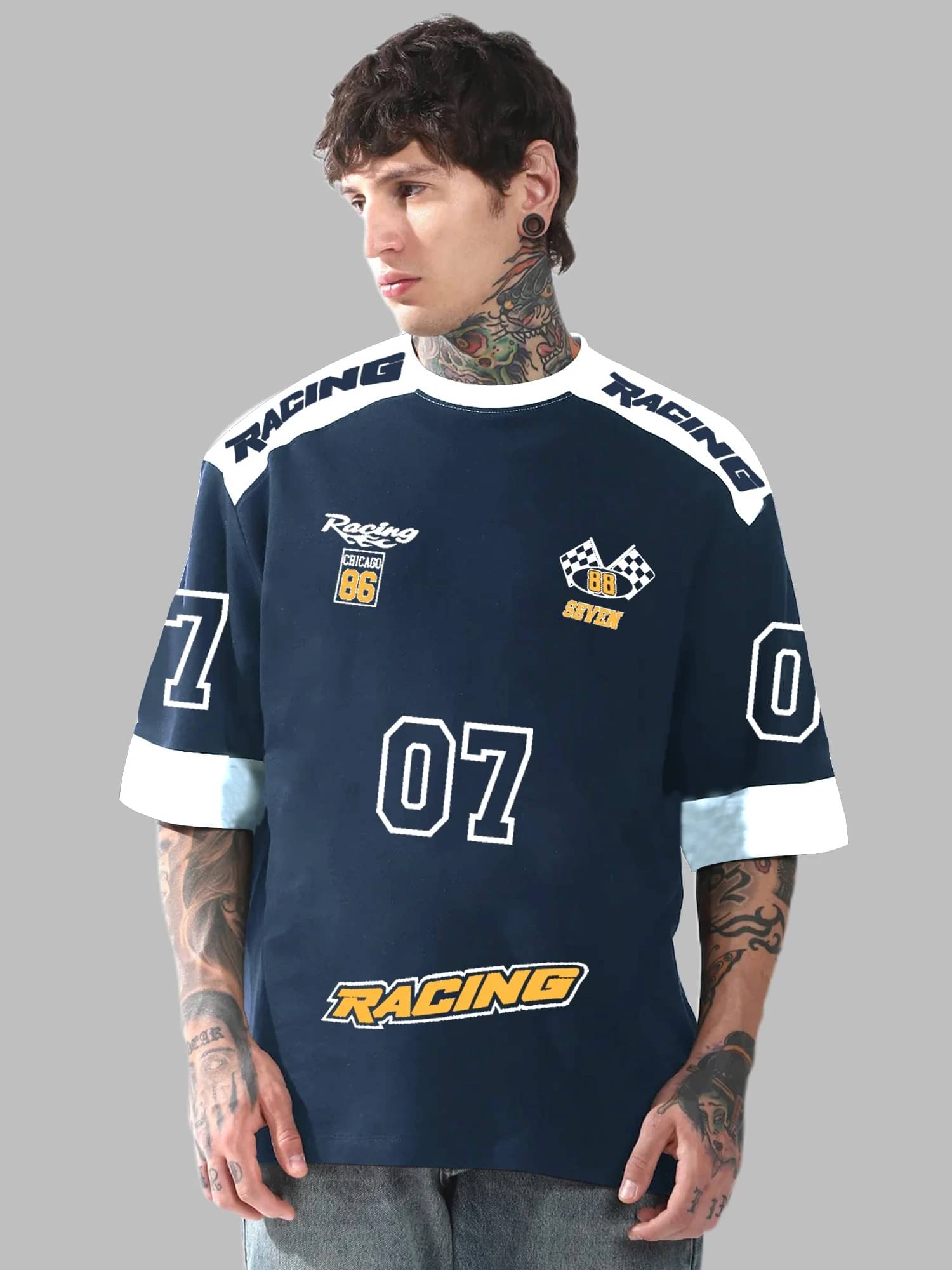 JUMP CUTS Men Cotton Blend Oversized Fit Printed T-Shirt ( Navy Blue ) JUMP CUTS Men Cotton Blend Oversized Fit Printed T-Shirt ( Navy Blue )